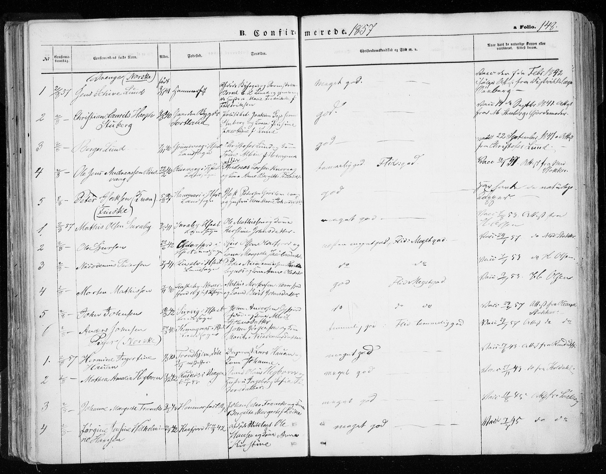 Hammerfest sokneprestkontor, SATØ/S-1347/H/Ha/L0005.kirke: Parish register (official) no. 5, 1857-1869, p. 148