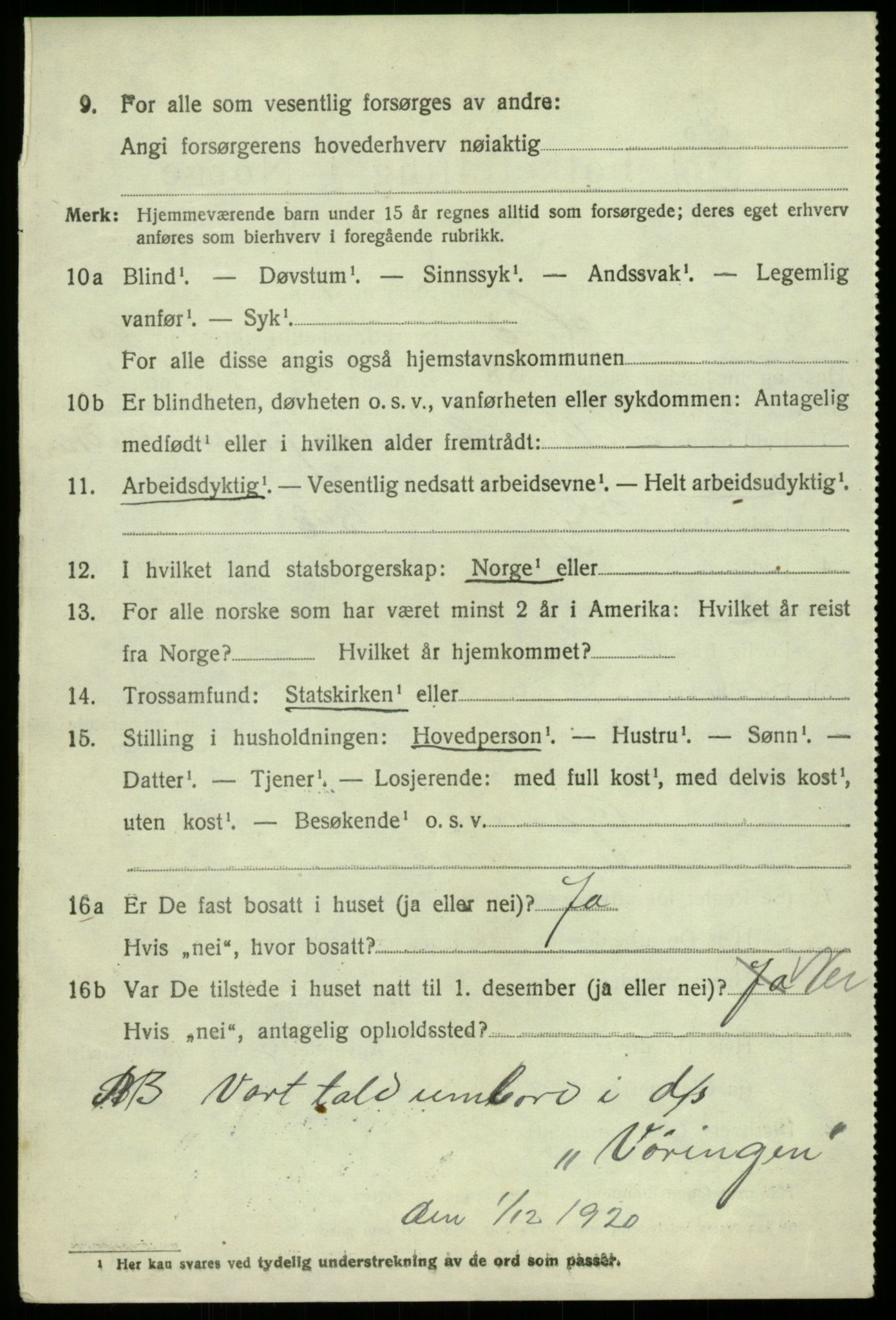 SAB, 1920 census for Kvam, 1920, p. 7022