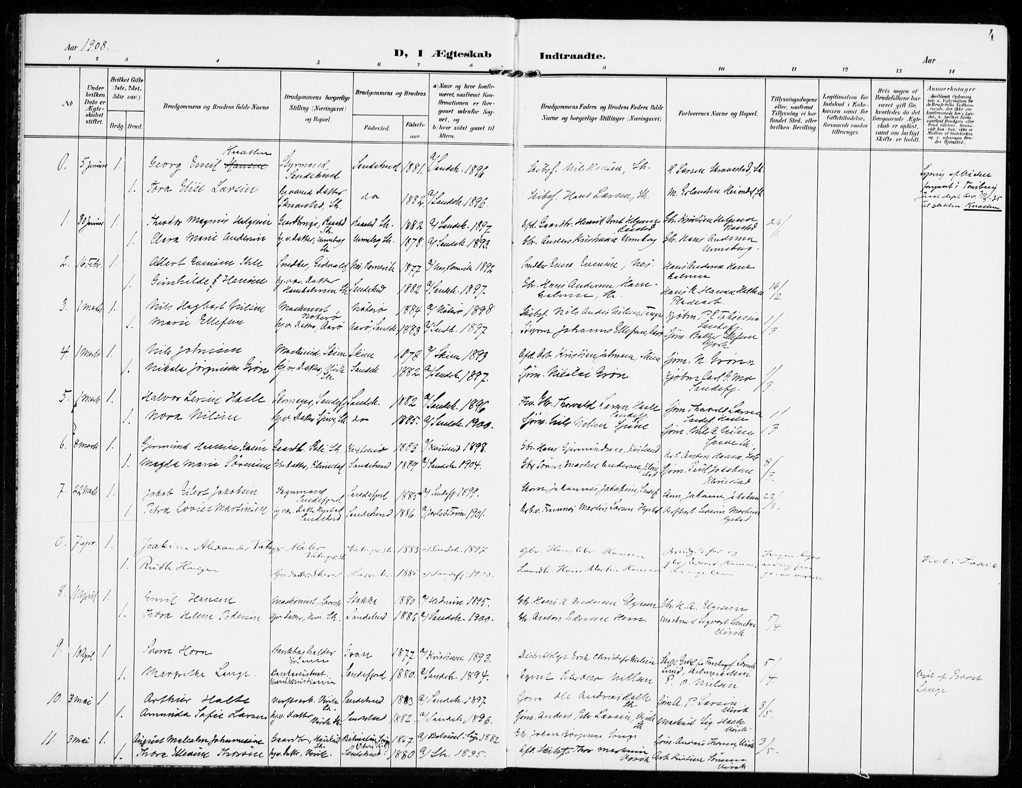 Sandar kirkebøker, SAKO/A-243/F/Fa/L0019: Parish register (official) no. 19, 1908-1914, p. 4