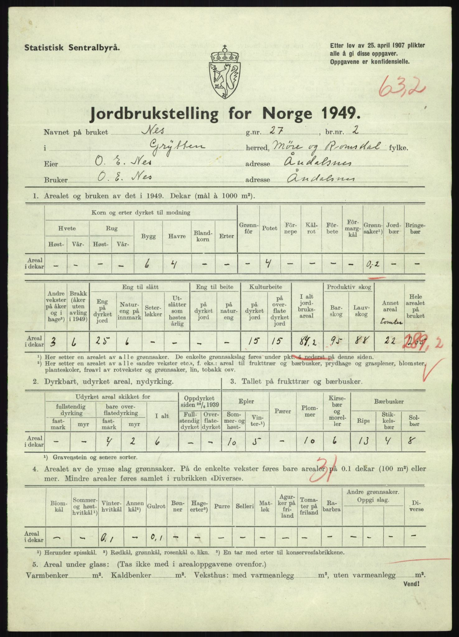Statistisk sentralbyrå, Næringsøkonomiske emner, Jordbruk, skogbruk, jakt, fiske og fangst, AV/RA-S-2234/G/Gc/L0323: Møre og Romsdal: Grytten og Hen, 1949, p. 337