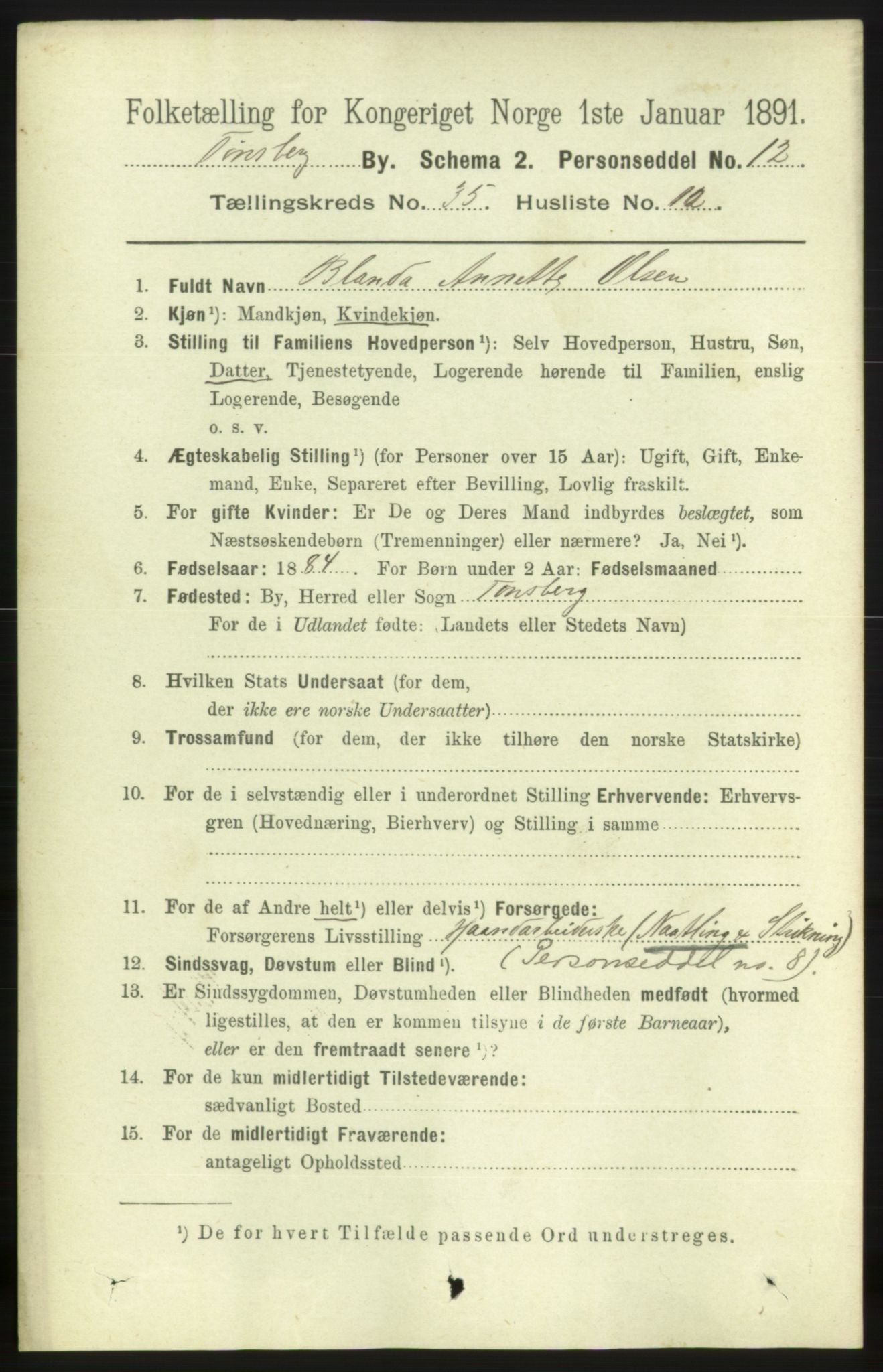 RA, 1891 census for 0705 Tønsberg, 1891, p. 7869