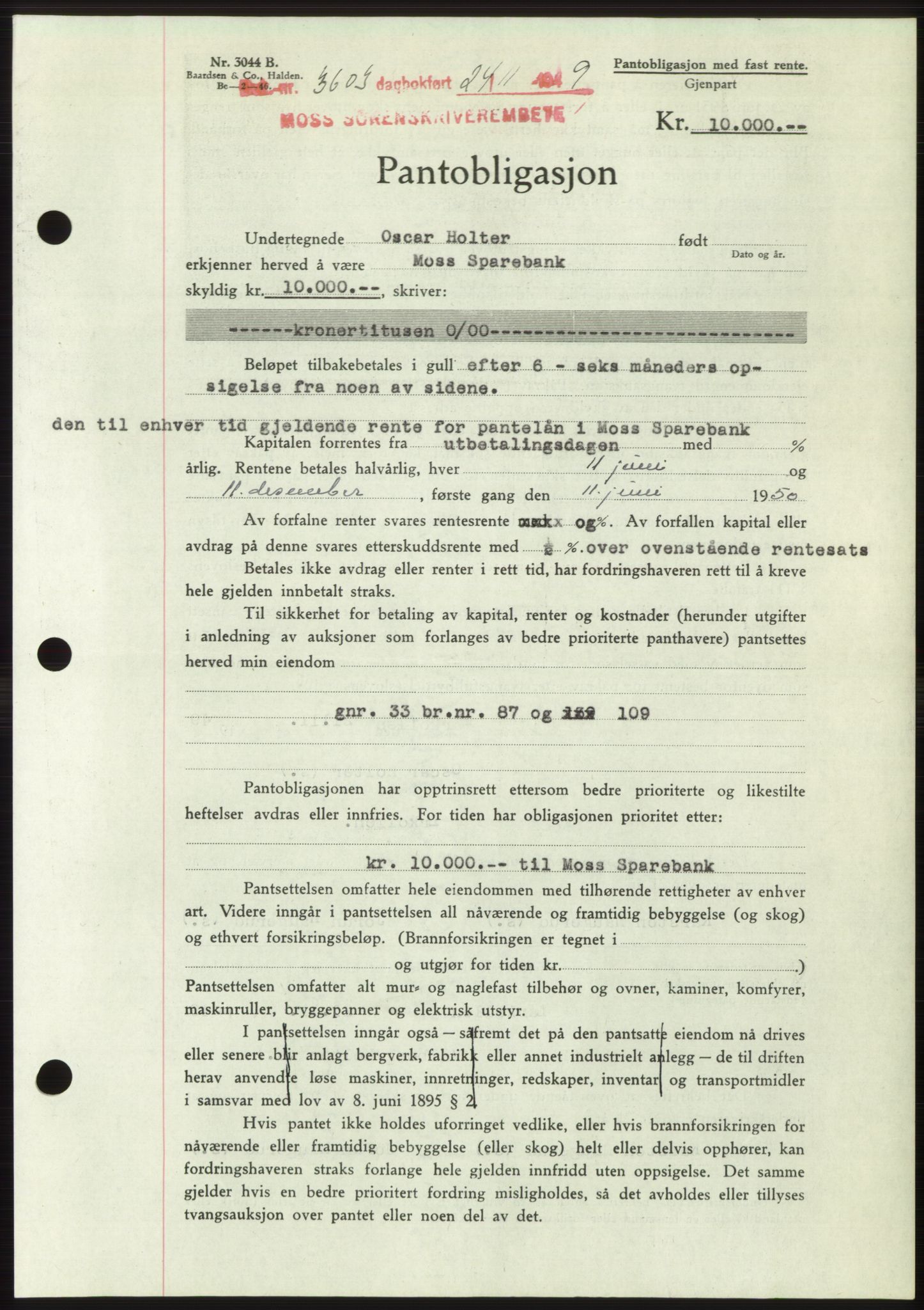 Moss sorenskriveri, SAO/A-10168: Mortgage book no. B23, 1949-1950, Diary no: : 3603/1949