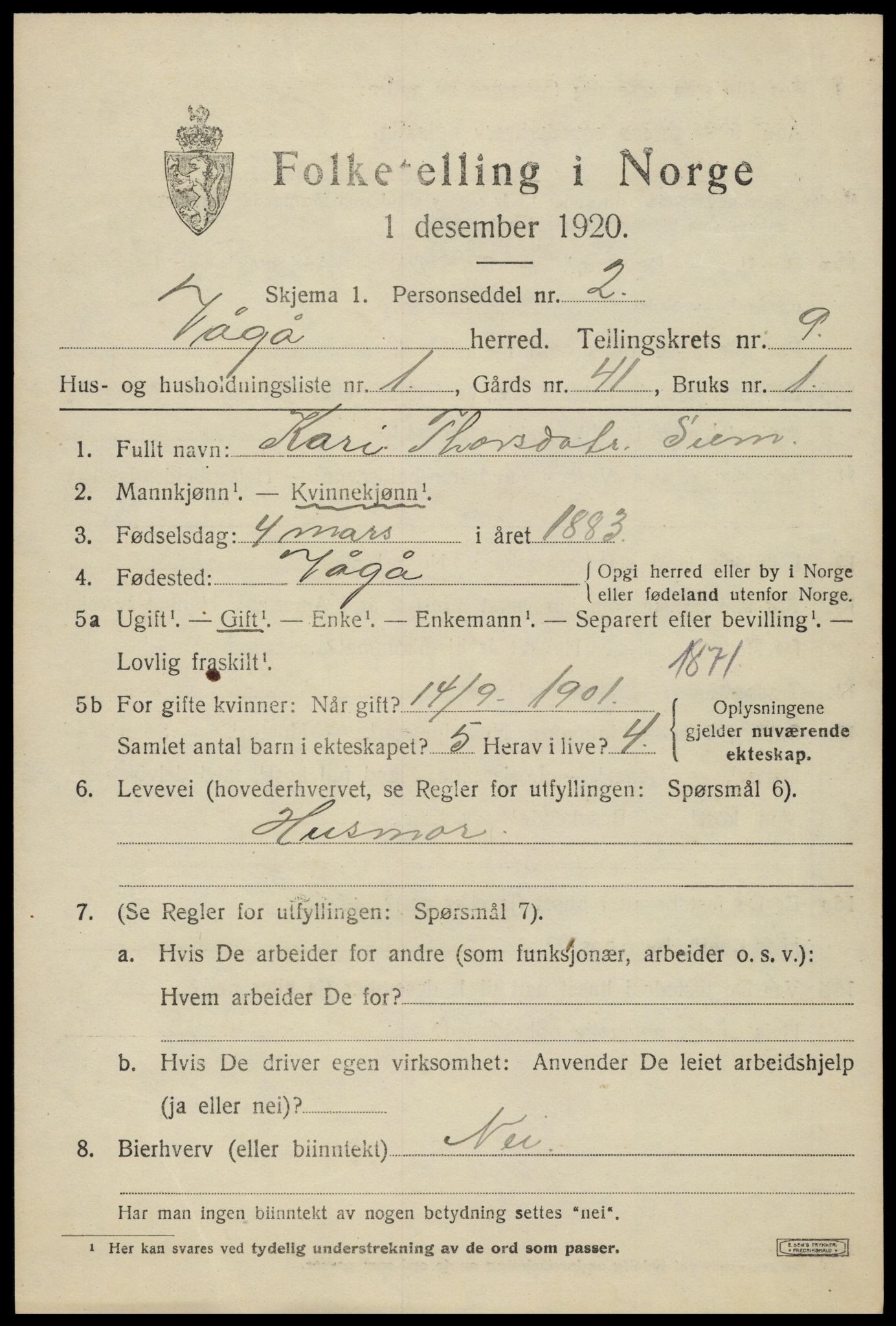 SAH, 1920 census for Vågå, 1920, p. 7342