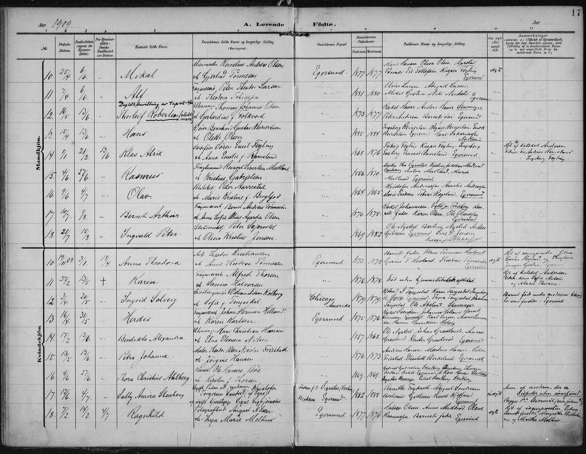 Eigersund sokneprestkontor, AV/SAST-A-101807/S08/L0022: Parish register (official) no. A 21, 1905-1928, p. 17