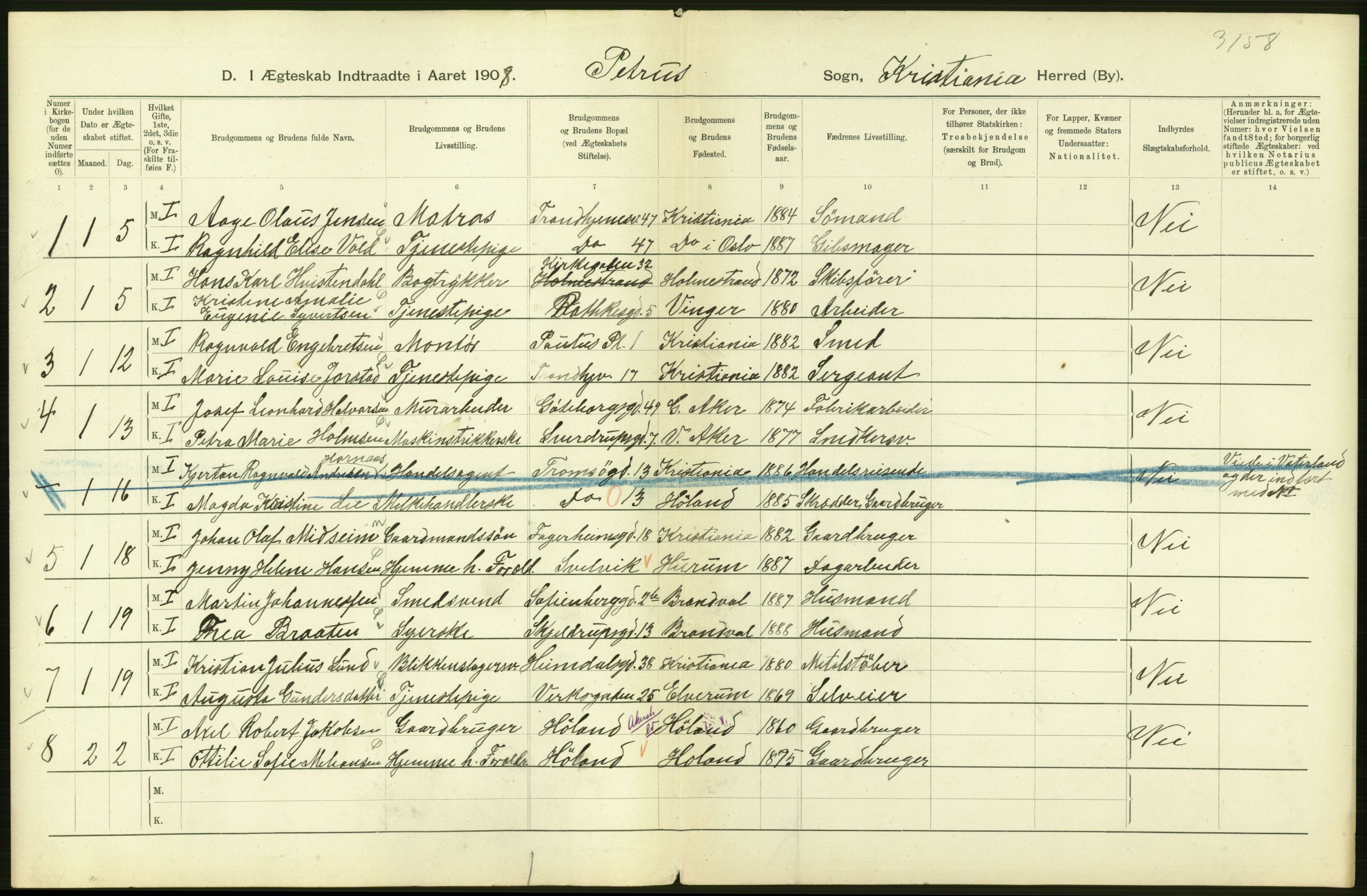 Statistisk sentralbyrå, Sosiodemografiske emner, Befolkning, AV/RA-S-2228/D/Df/Dfa/Dfaf/L0007: Kristiania: Gifte, 1908, p. 2