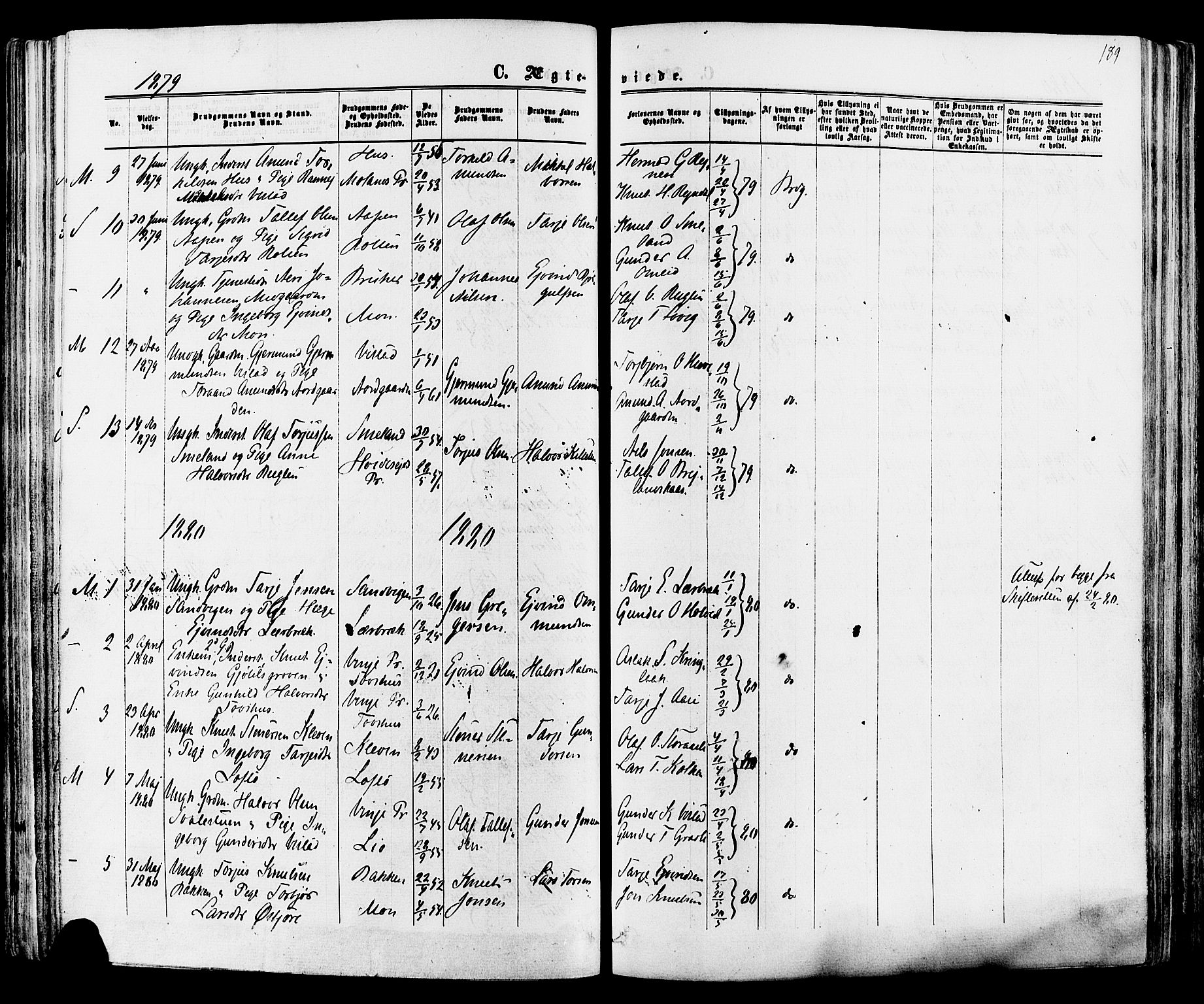 Mo kirkebøker, SAKO/A-286/F/Fa/L0006: Parish register (official) no. I 6, 1865-1885, p. 189