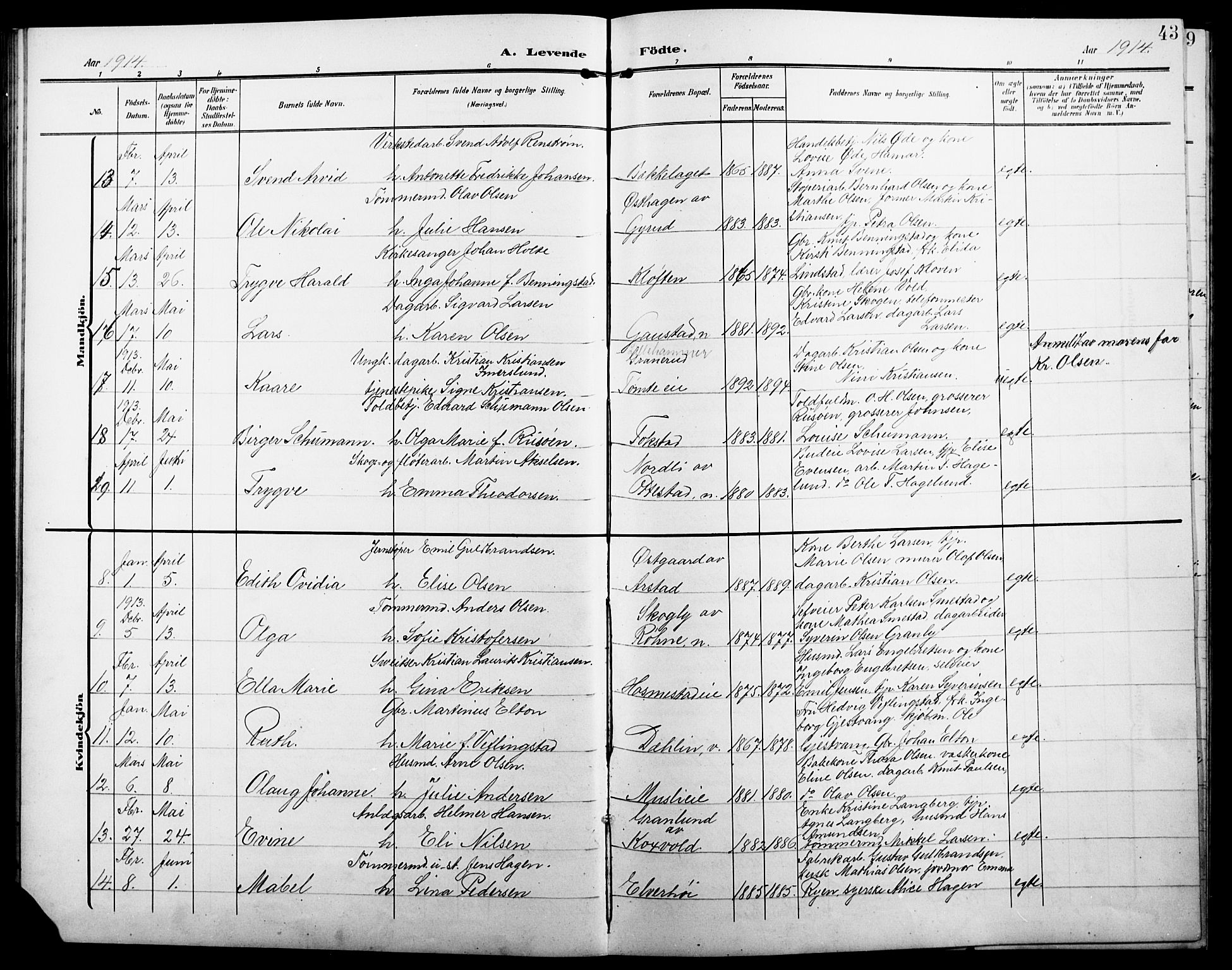 Stange prestekontor, SAH/PREST-002/L/L0013: Parish register (copy) no. 13, 1906-1915, p. 43