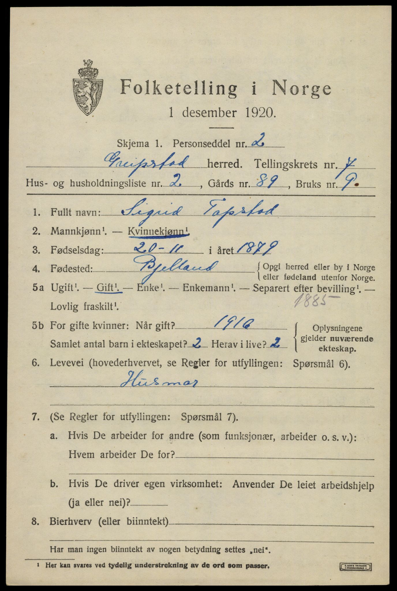 SAK, 1920 census for Greipstad, 1920, p. 2120