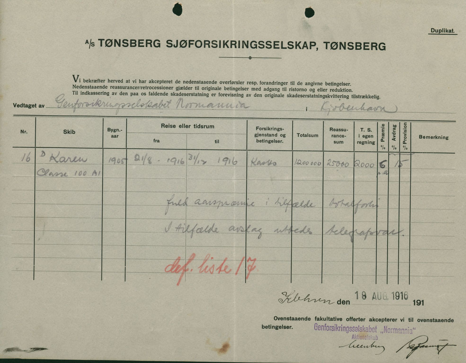 Pa 664 - Tønsberg Sjøforsikringsselskap, VEMU/A-1773/F/L0001: Forsikringspoliser, 1915-1918