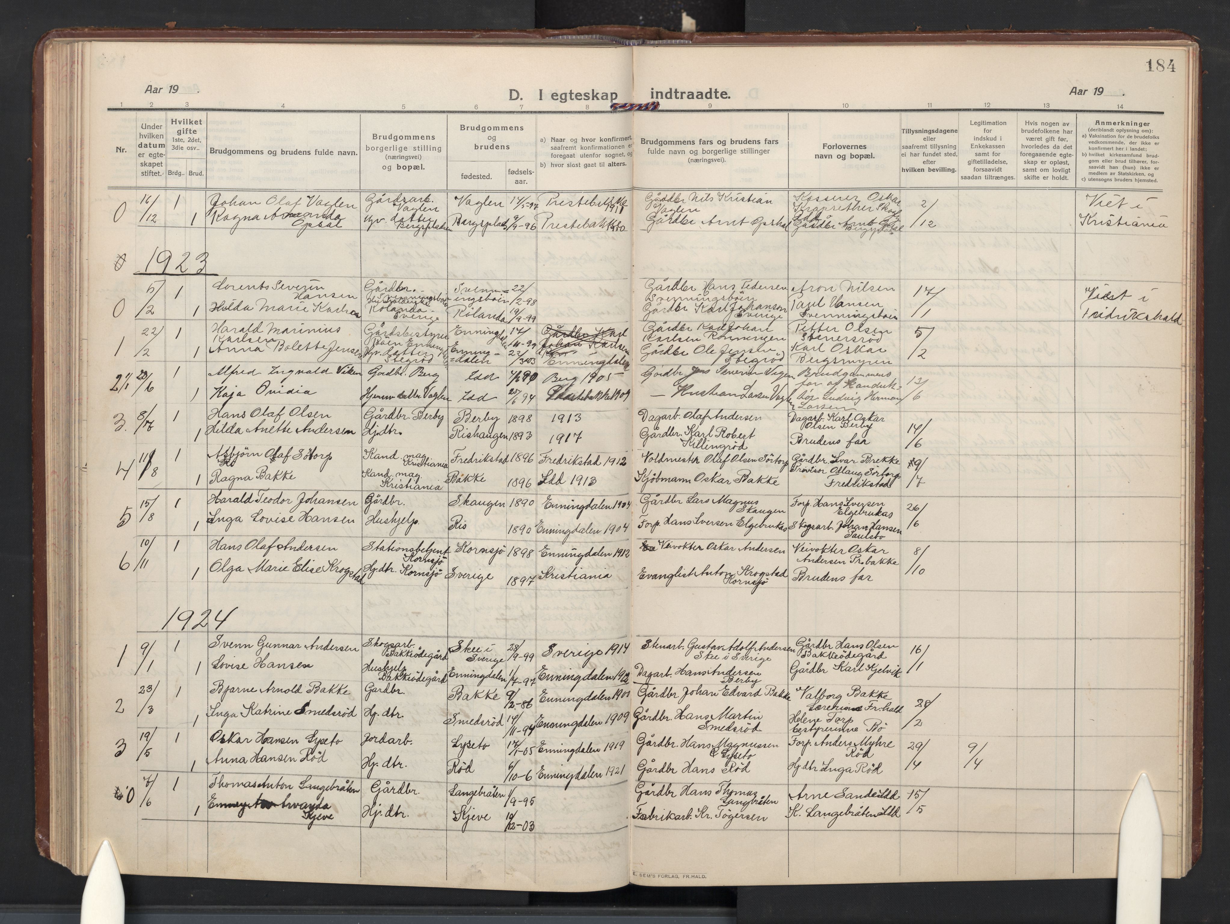 Idd prestekontor Kirkebøker, AV/SAO-A-10911/G/Gc/L0002: Parish register (copy) no. III 2, 1911-1932, p. 184
