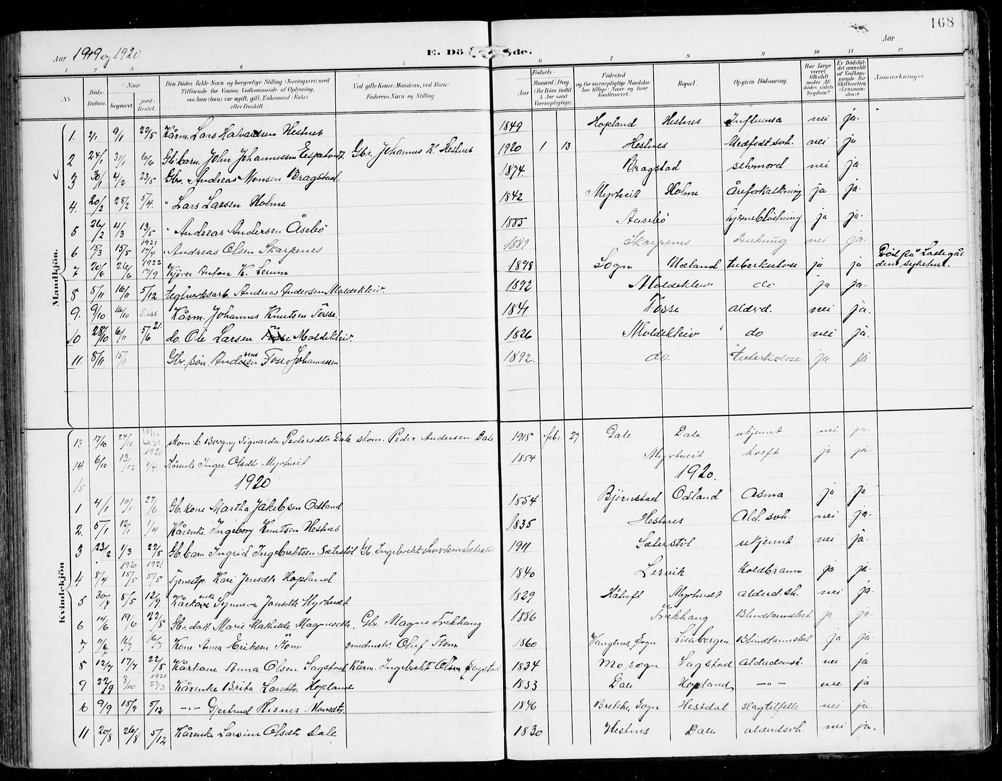 Alversund Sokneprestembete, SAB/A-73901/H/Ha/Haa/Haac/L0002: Parish register (official) no. C 2, 1901-1921, p. 168