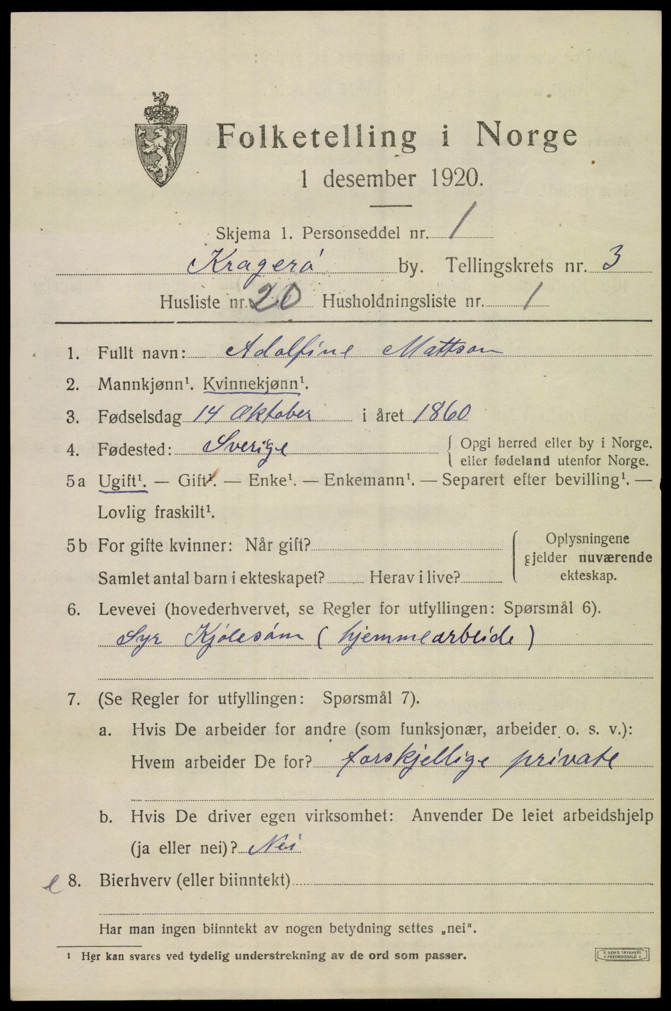 SAKO, 1920 census for Kragerø, 1920, p. 7283