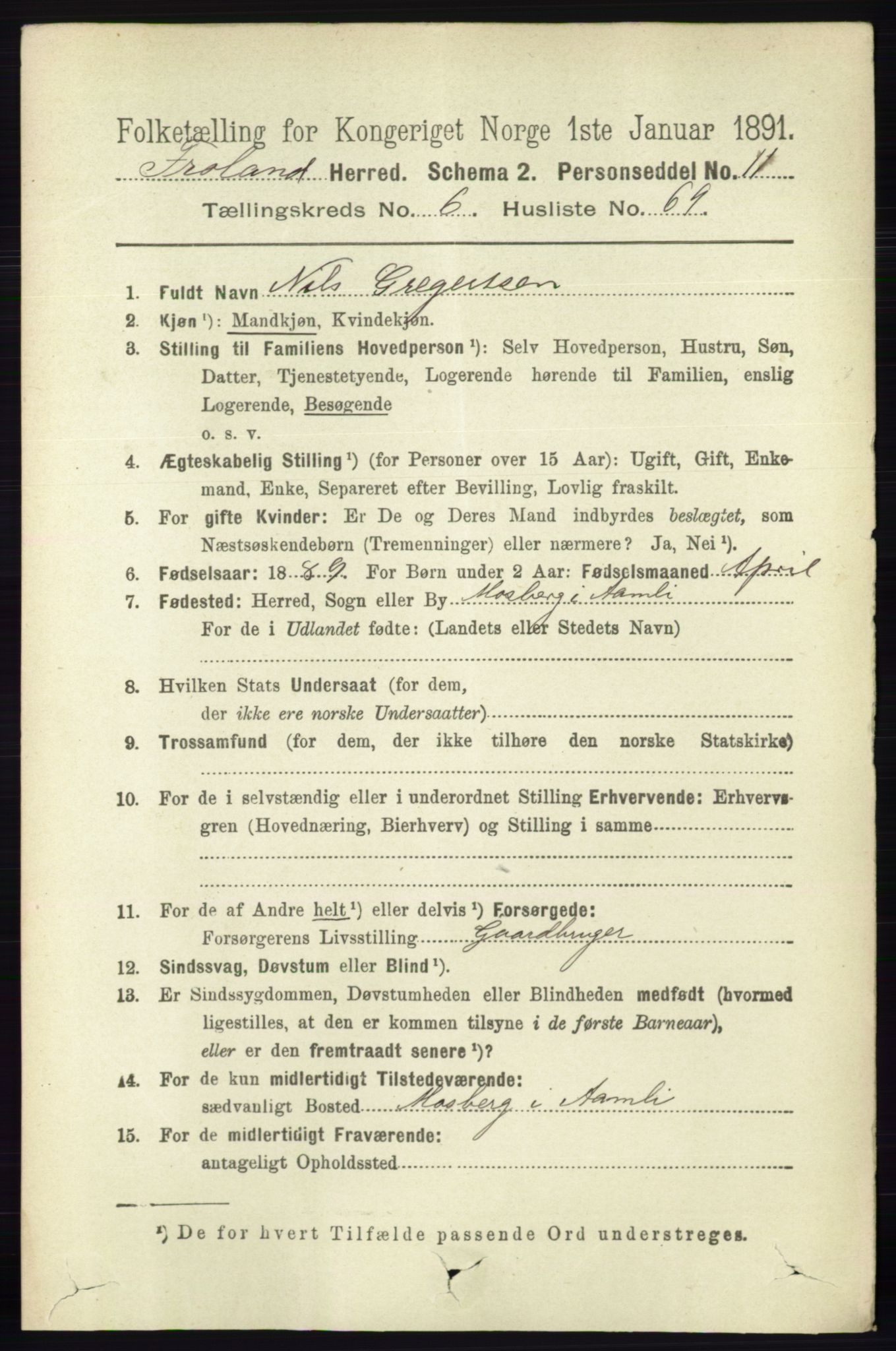 RA, 1891 census for 0919 Froland, 1891, p. 2620