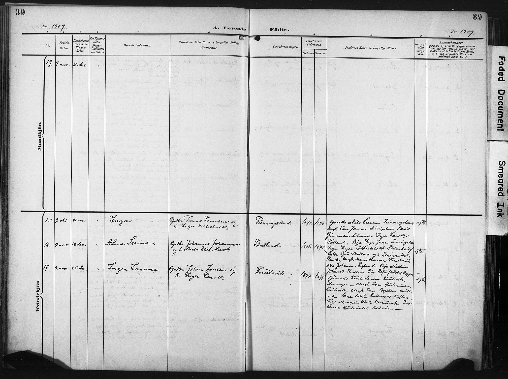 Hjelmeland sokneprestkontor, AV/SAST-A-101843/02/A/L0002: Parish register (official) no. A 17, 1901-1916, p. 39