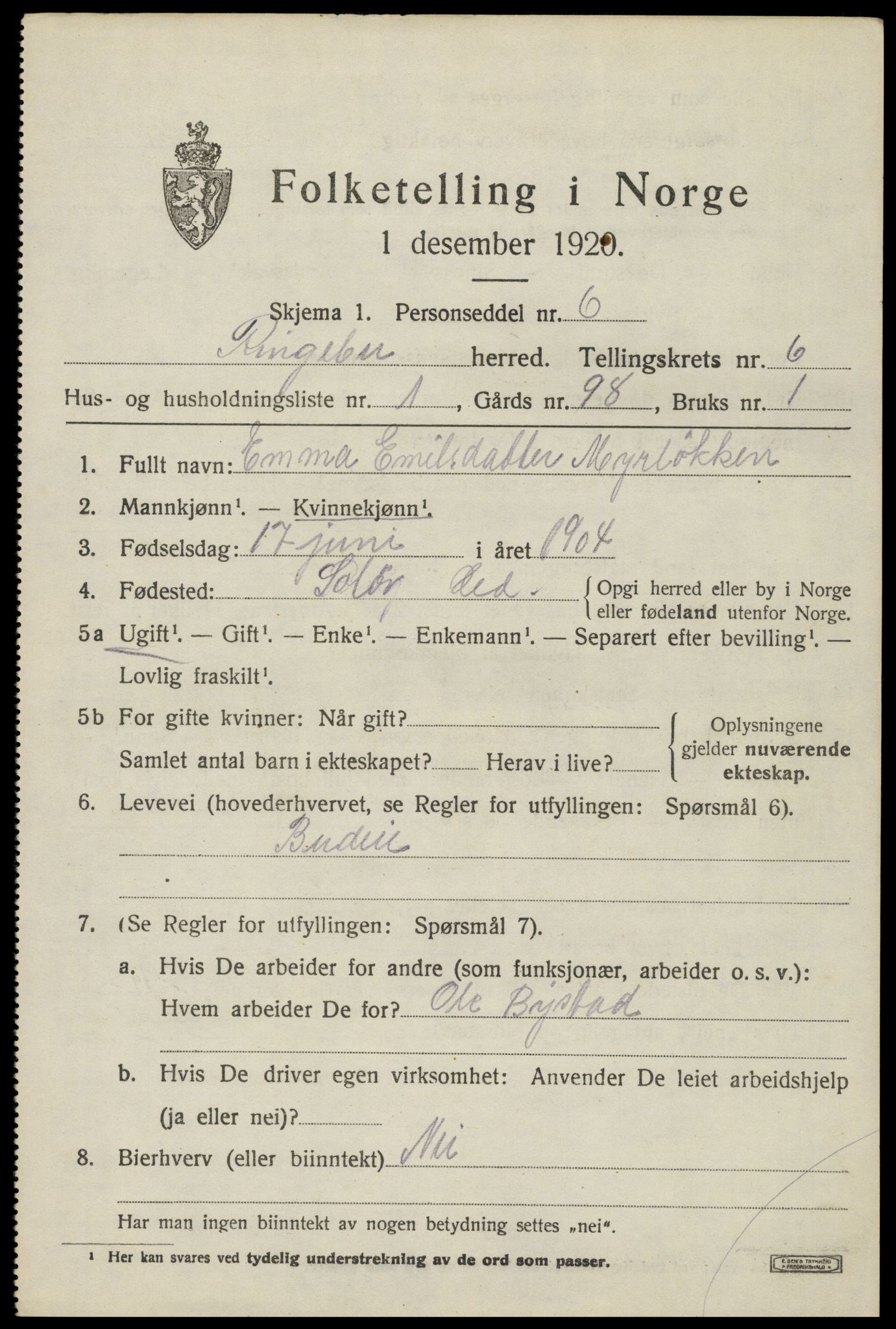 SAH, 1920 census for Ringebu, 1920, p. 7071