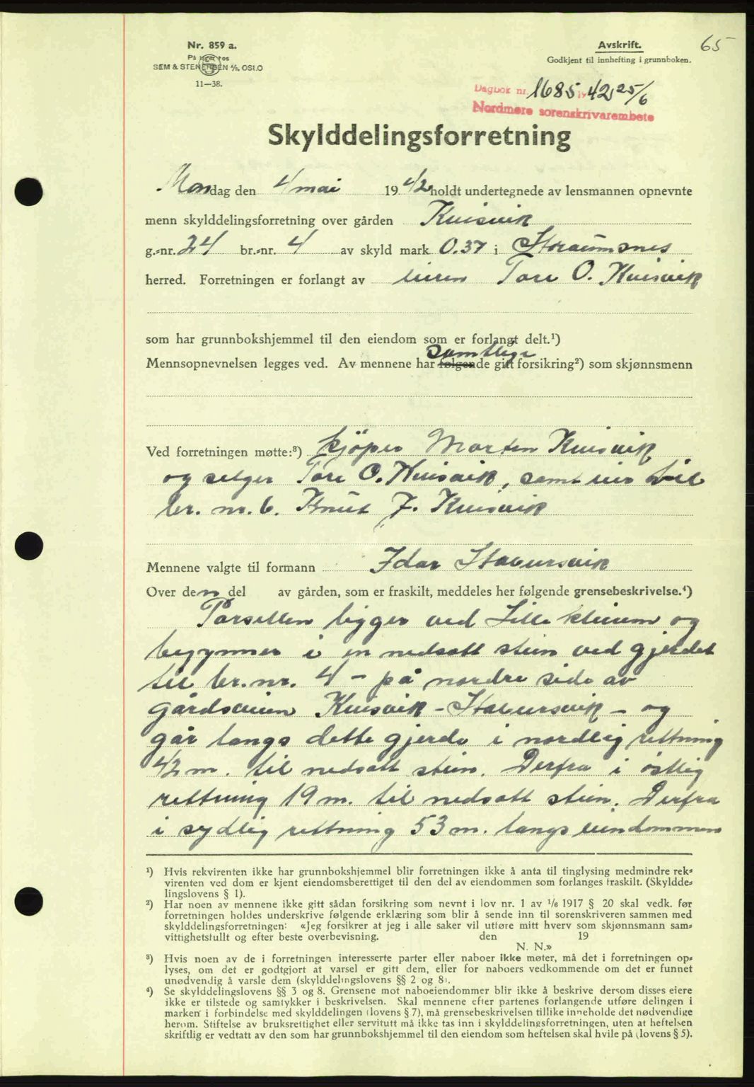 Nordmøre sorenskriveri, AV/SAT-A-4132/1/2/2Ca: Mortgage book no. A93, 1942-1942, Diary no: : 1685/1942