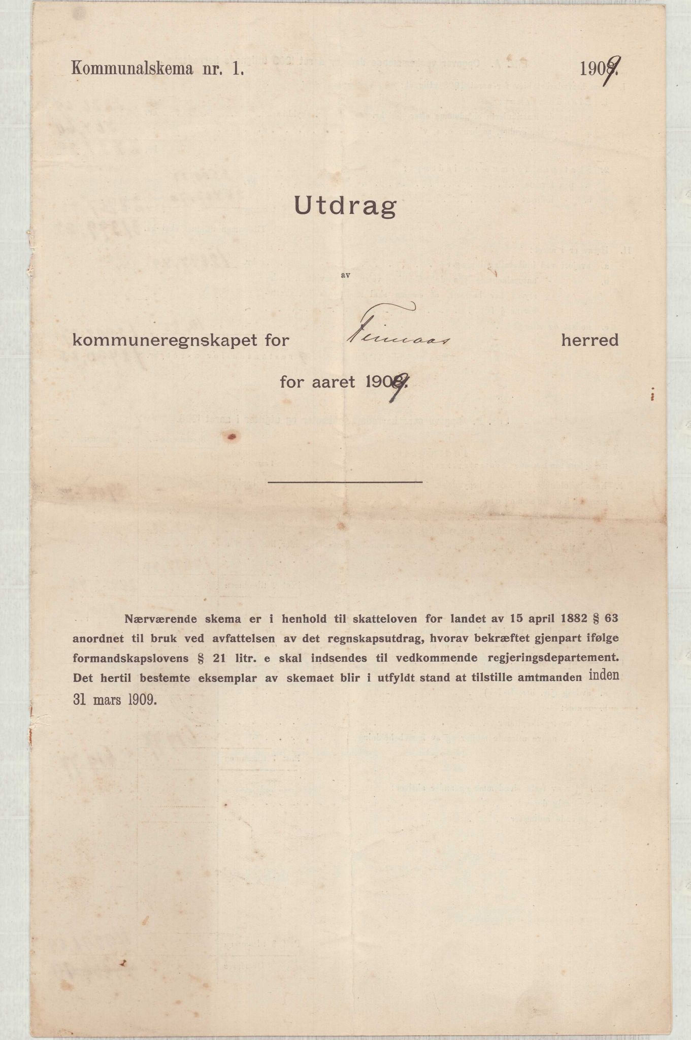 Finnaas kommune. Heradskassen, IKAH/1218a-121/R/Ra/Raa/L0001/0001: Årsrekneskap / Utdrag av kommunerekneskapet, 1904-1910, p. 31