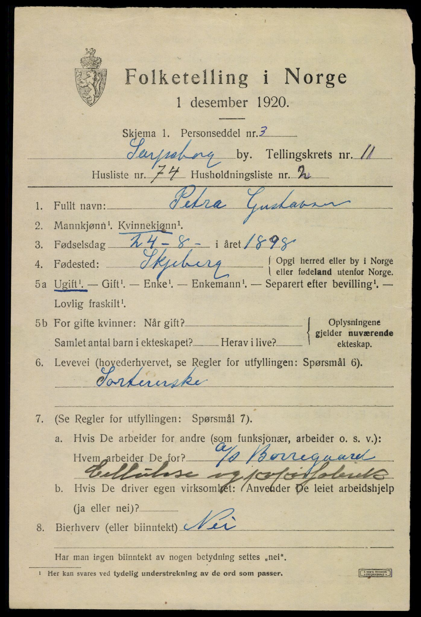 SAO, 1920 census for Sarpsborg, 1920, p. 24382