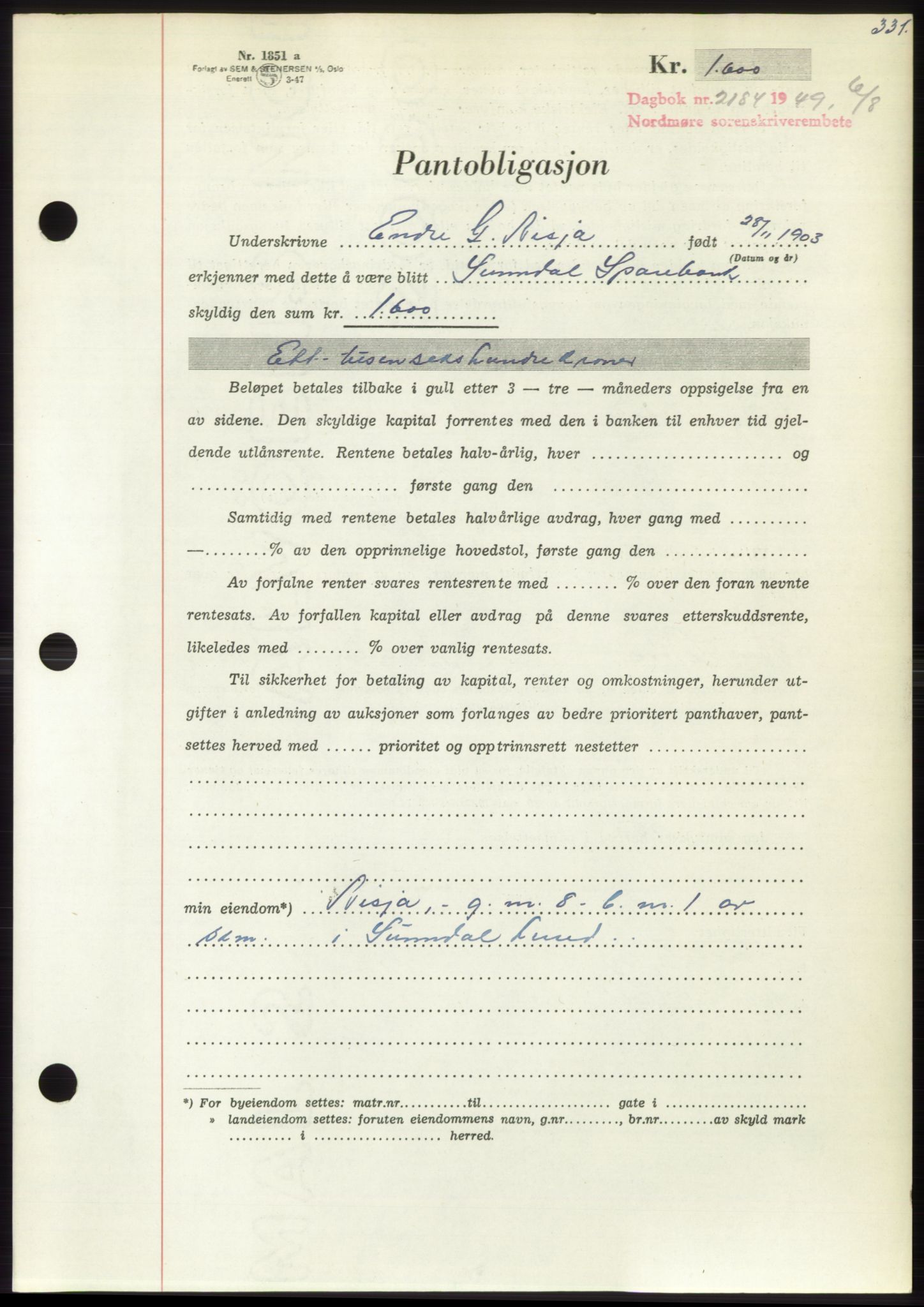 Nordmøre sorenskriveri, AV/SAT-A-4132/1/2/2Ca: Mortgage book no. B102, 1949-1949, Diary no: : 2184/1949