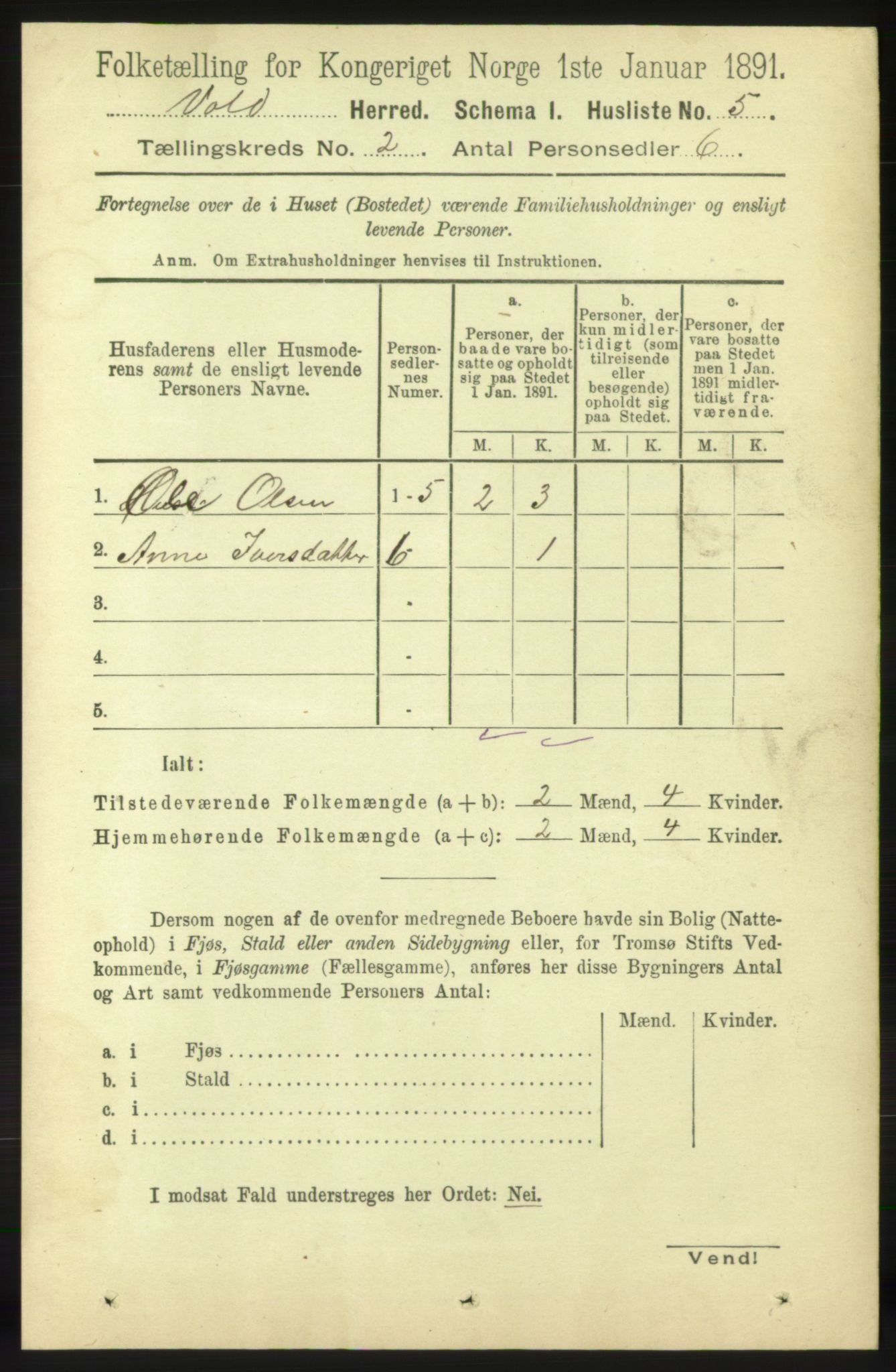 RA, 1891 census for 1537 Voll, 1891, p. 656