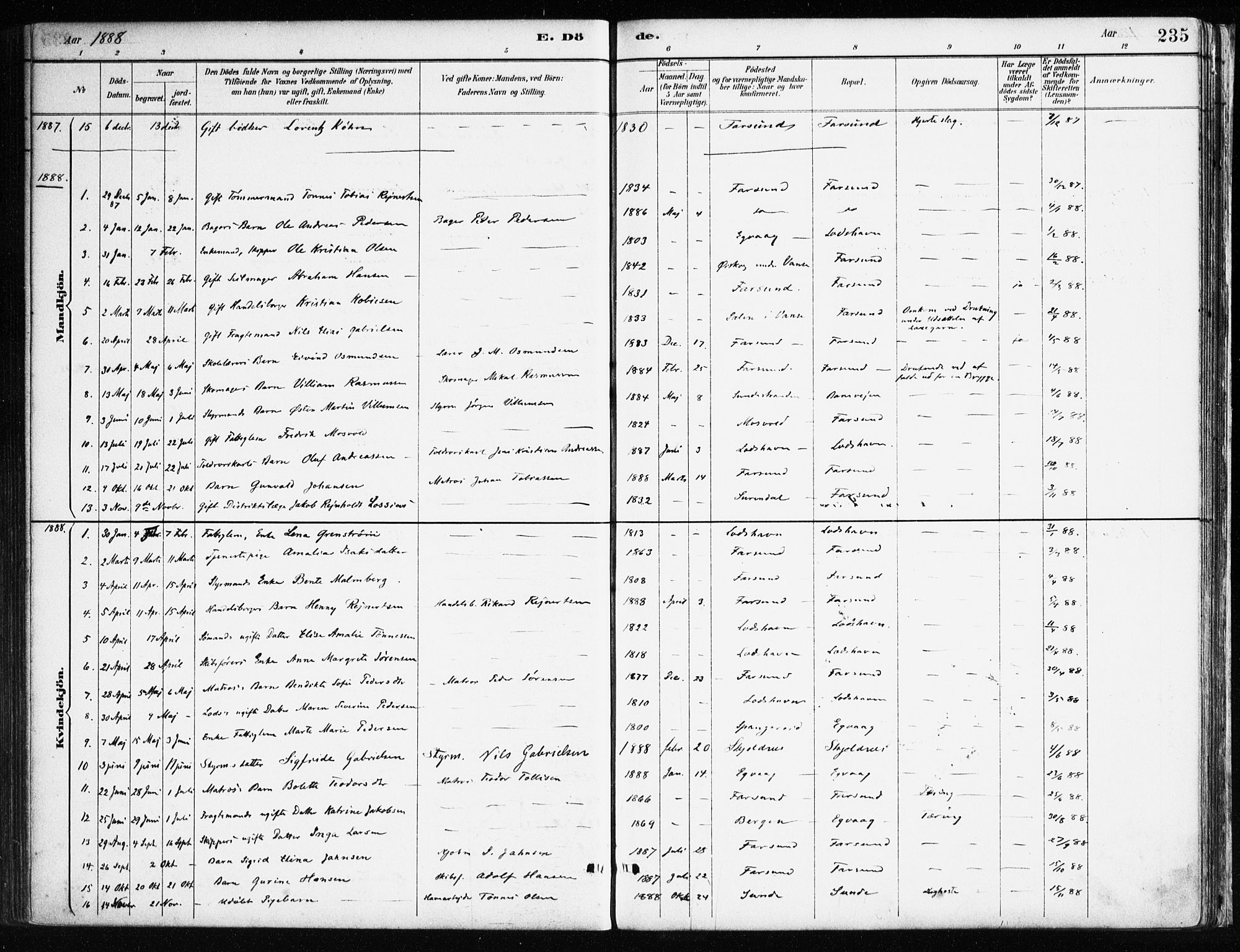 Farsund sokneprestkontor, AV/SAK-1111-0009/F/Fa/L0006: Parish register (official) no. A 6, 1887-1920, p. 235