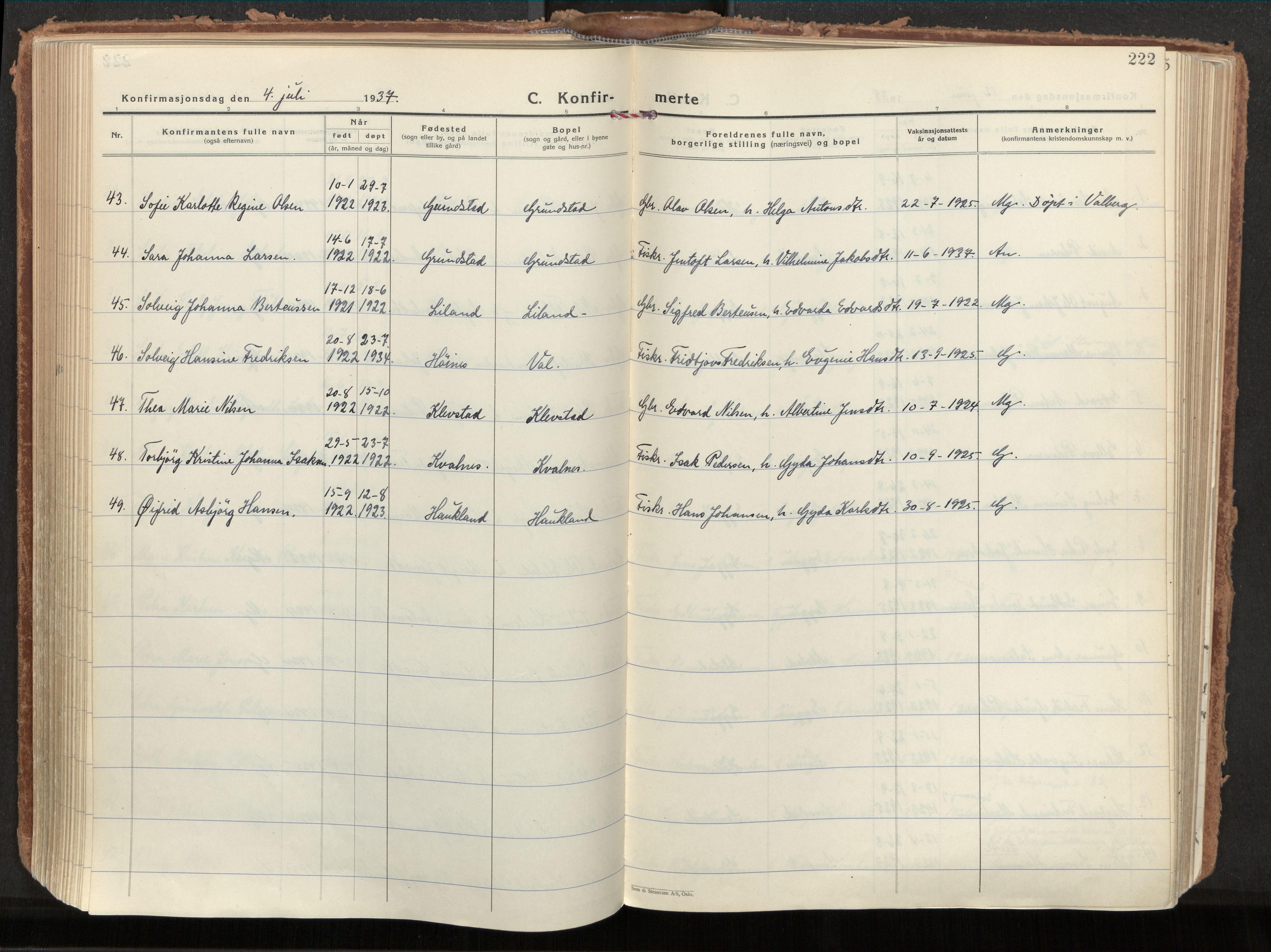 Ministerialprotokoller, klokkerbøker og fødselsregistre - Nordland, AV/SAT-A-1459/880/L1137: Parish register (official) no. 880A11, 1927-1944, p. 222