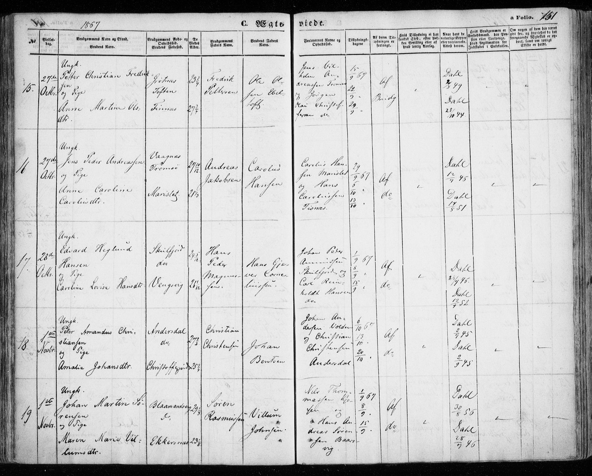 Tromsøysund sokneprestkontor, SATØ/S-1304/G/Ga/L0002kirke: Parish register (official) no. 2, 1867-1875, p. 151