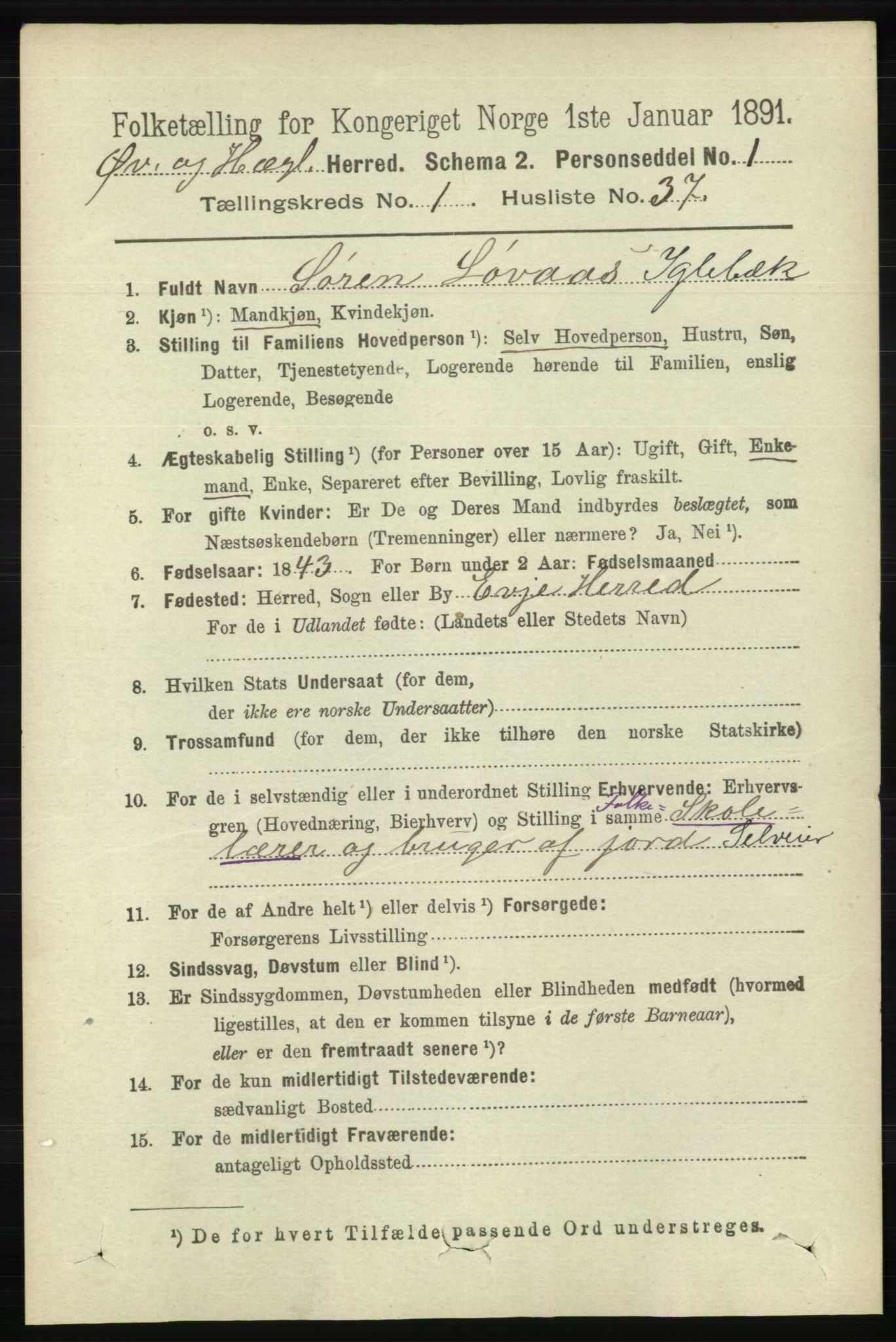 RA, 1891 census for 1016 Øvrebø og Hægeland, 1891, p. 274