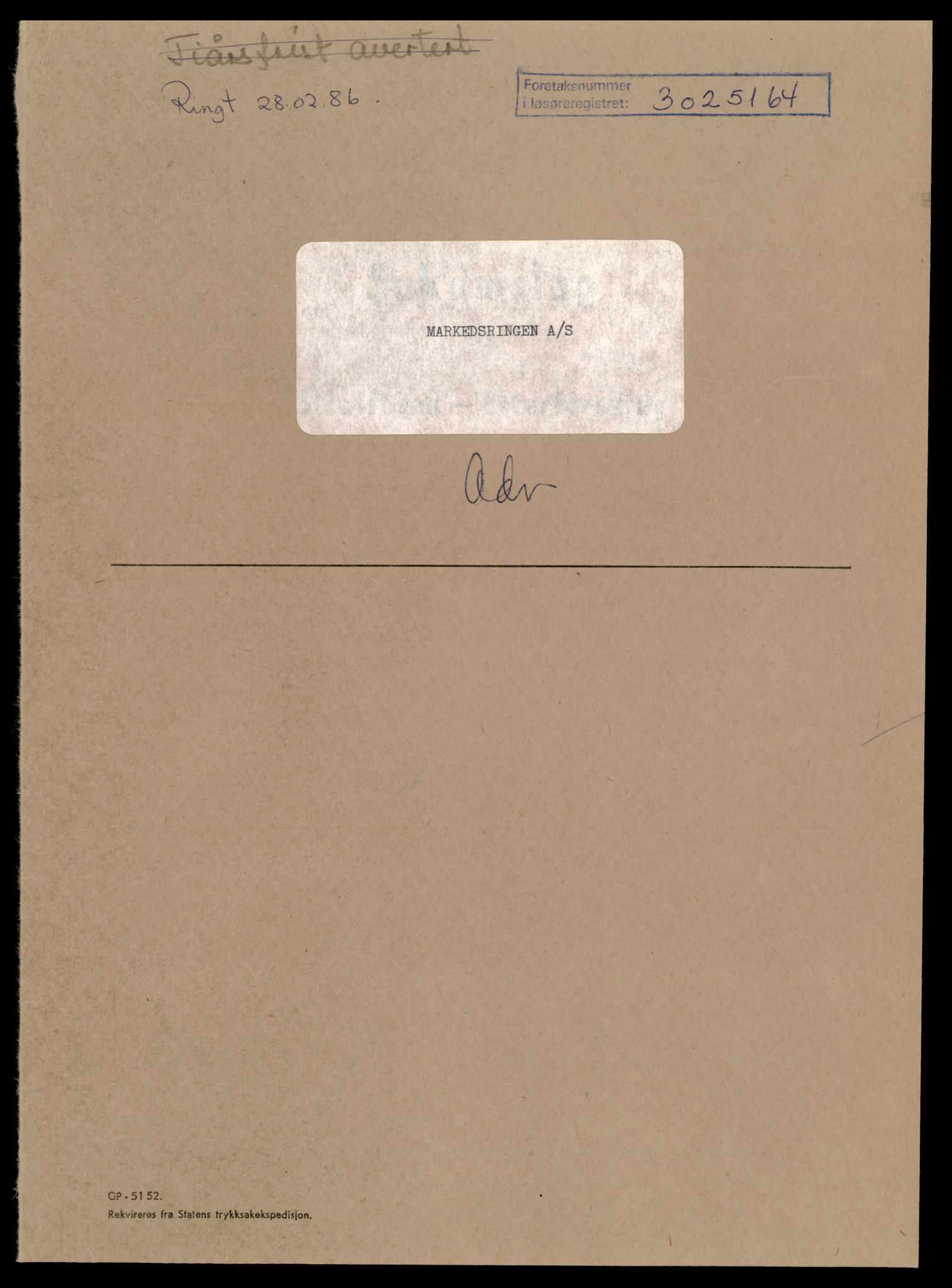 Trondheim byfogd, AV/SAT-A-0003/2/J/Jd/Jda/L0036: Bilag, aksjeselskap, Mar-Me, 1944-1990, p. 1