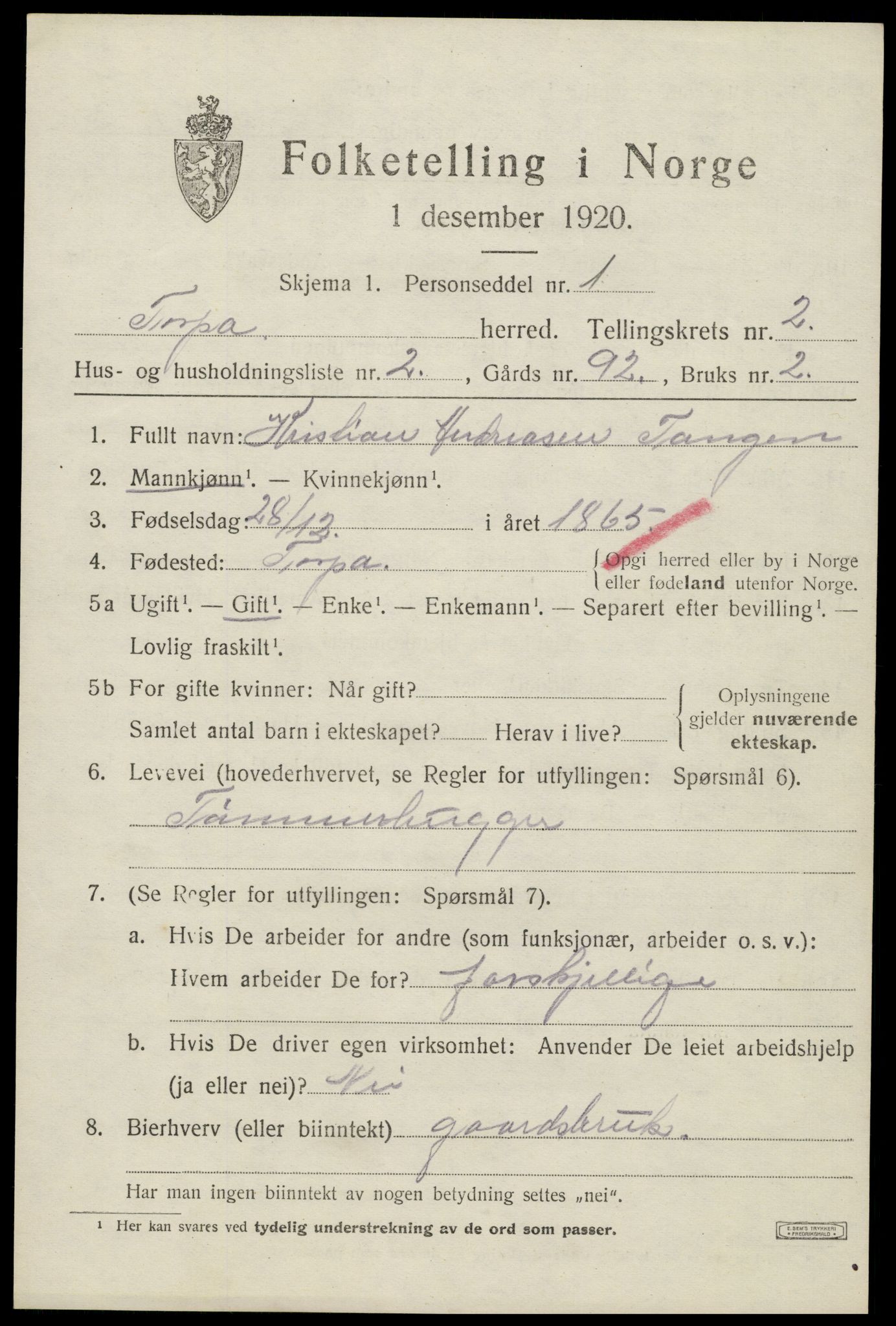 SAH, 1920 census for Torpa, 1920, p. 1667