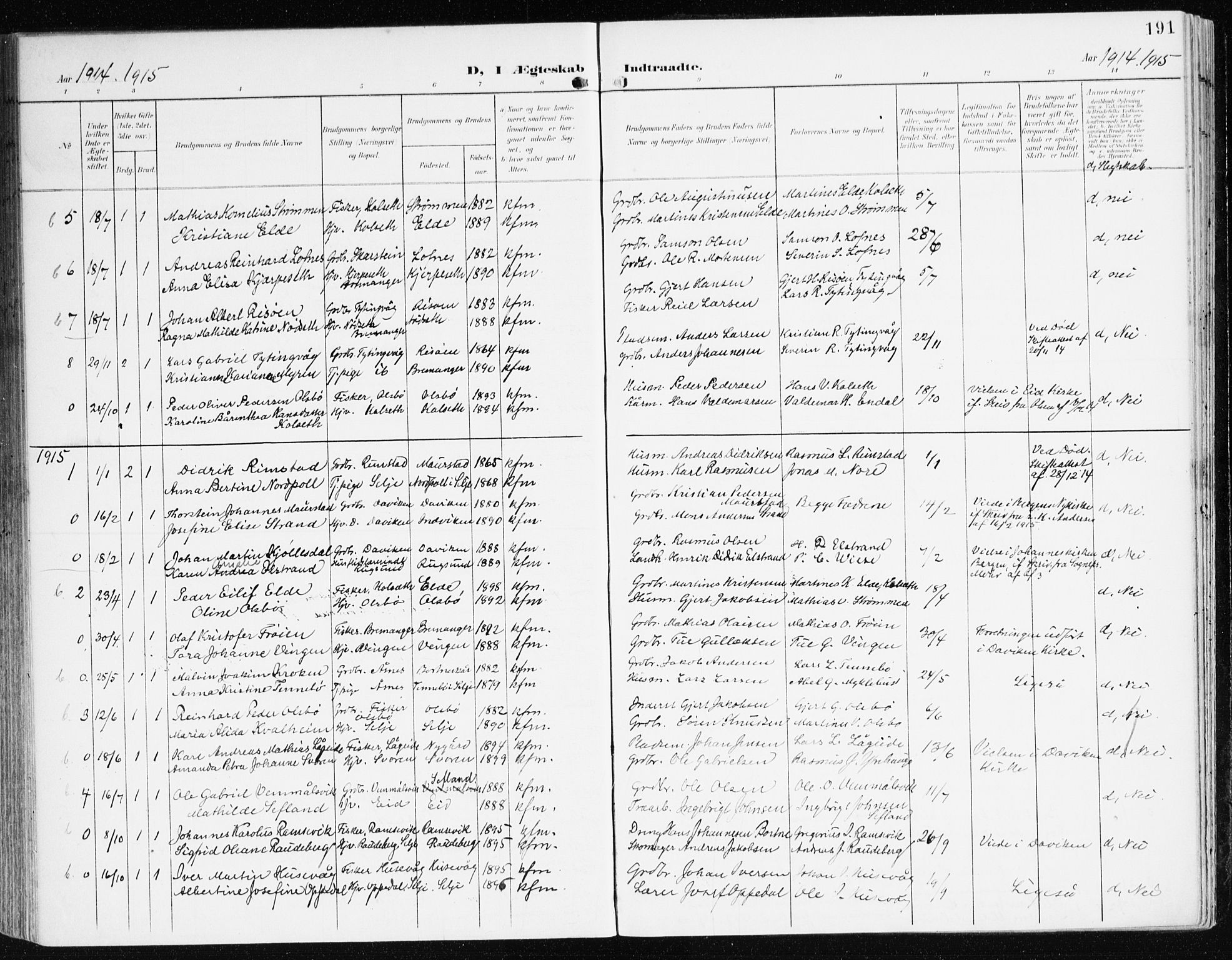 Davik sokneprestembete, AV/SAB-A-79701/H/Haa/Haad/L0002: Parish register (official) no. D 2, 1901-1930, p. 191