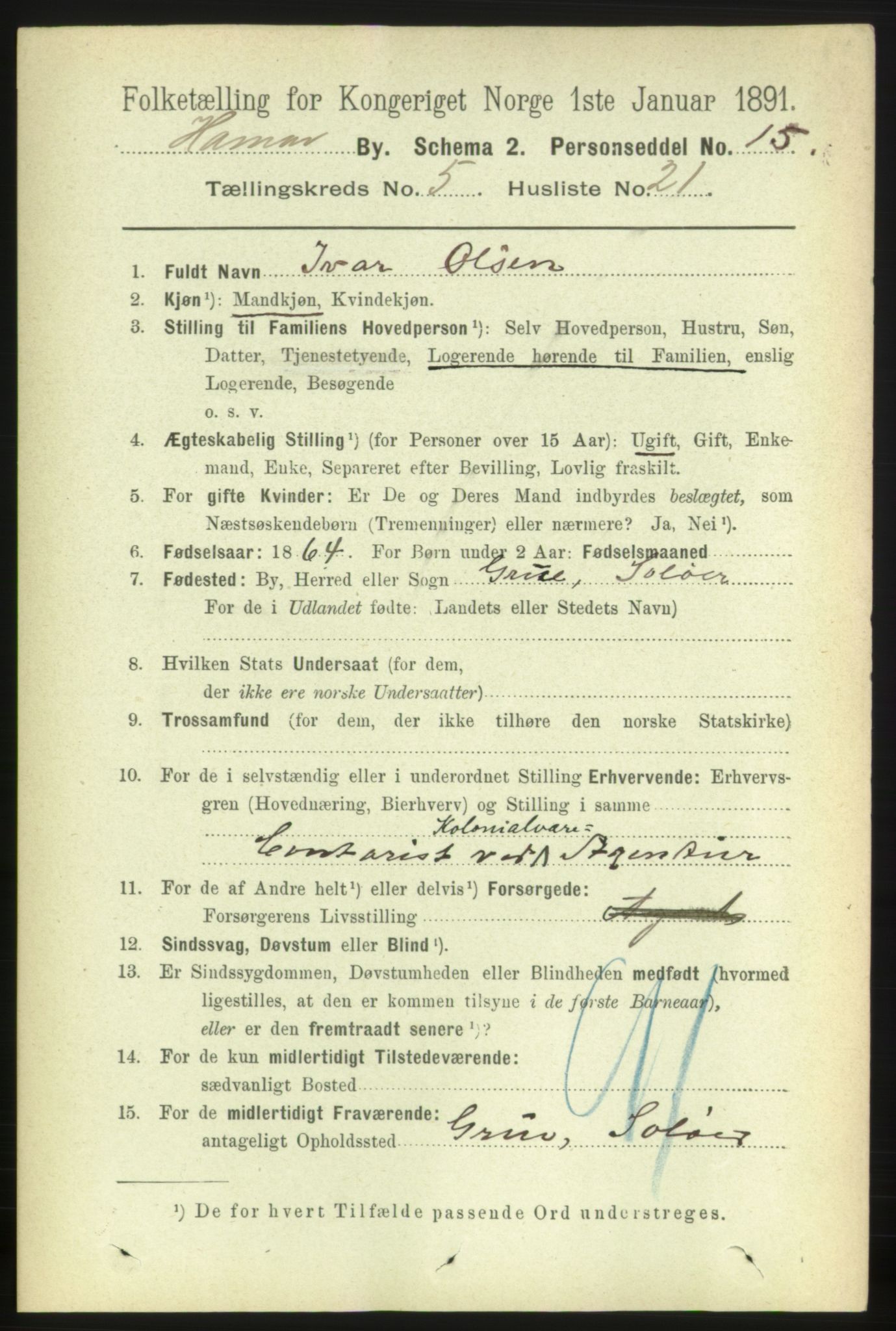 RA, 1891 census for 0401 Hamar, 1891, p. 4053