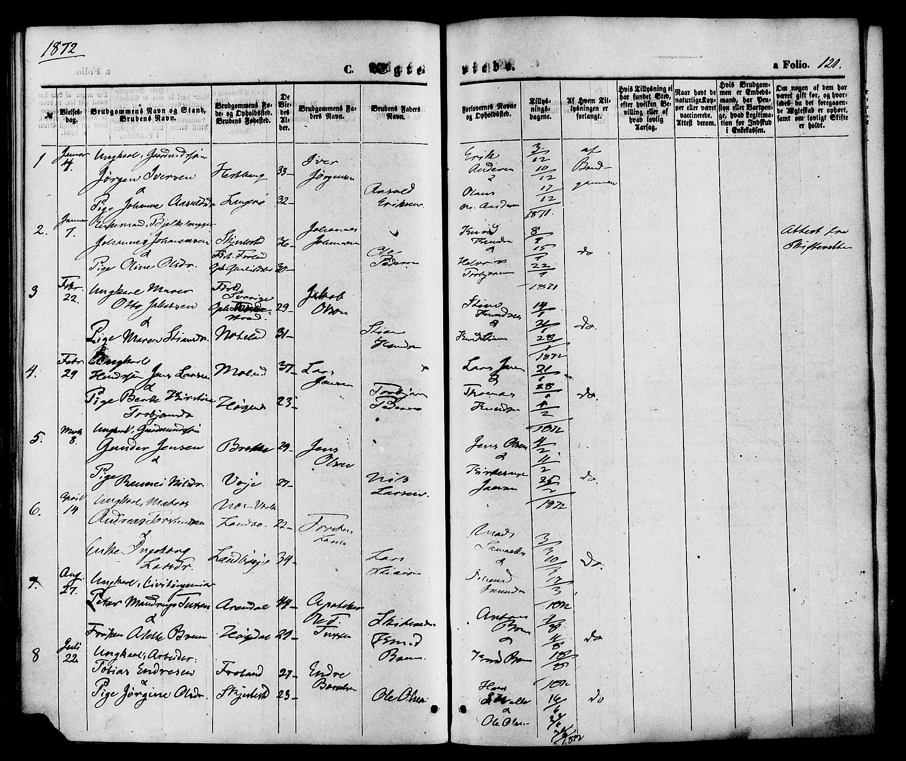 Austre Moland sokneprestkontor, AV/SAK-1111-0001/F/Fa/Faa/L0009: Parish register (official) no. A 9, 1869-1879, p. 121