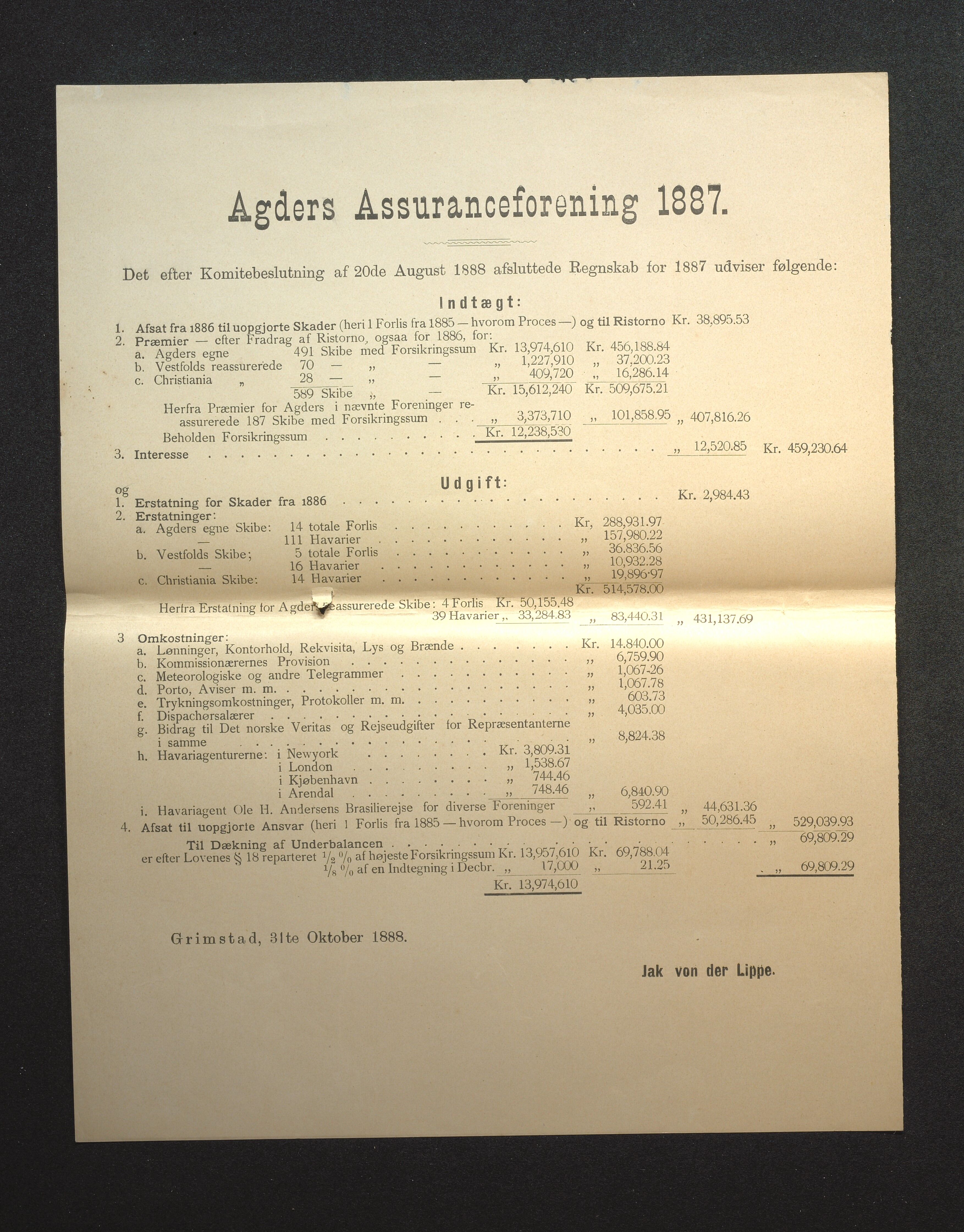 Agders Gjensidige Assuranceforening, AAKS/PA-1718/05/L0002: Regnskap, seilavdeling, pakkesak, 1881-1889