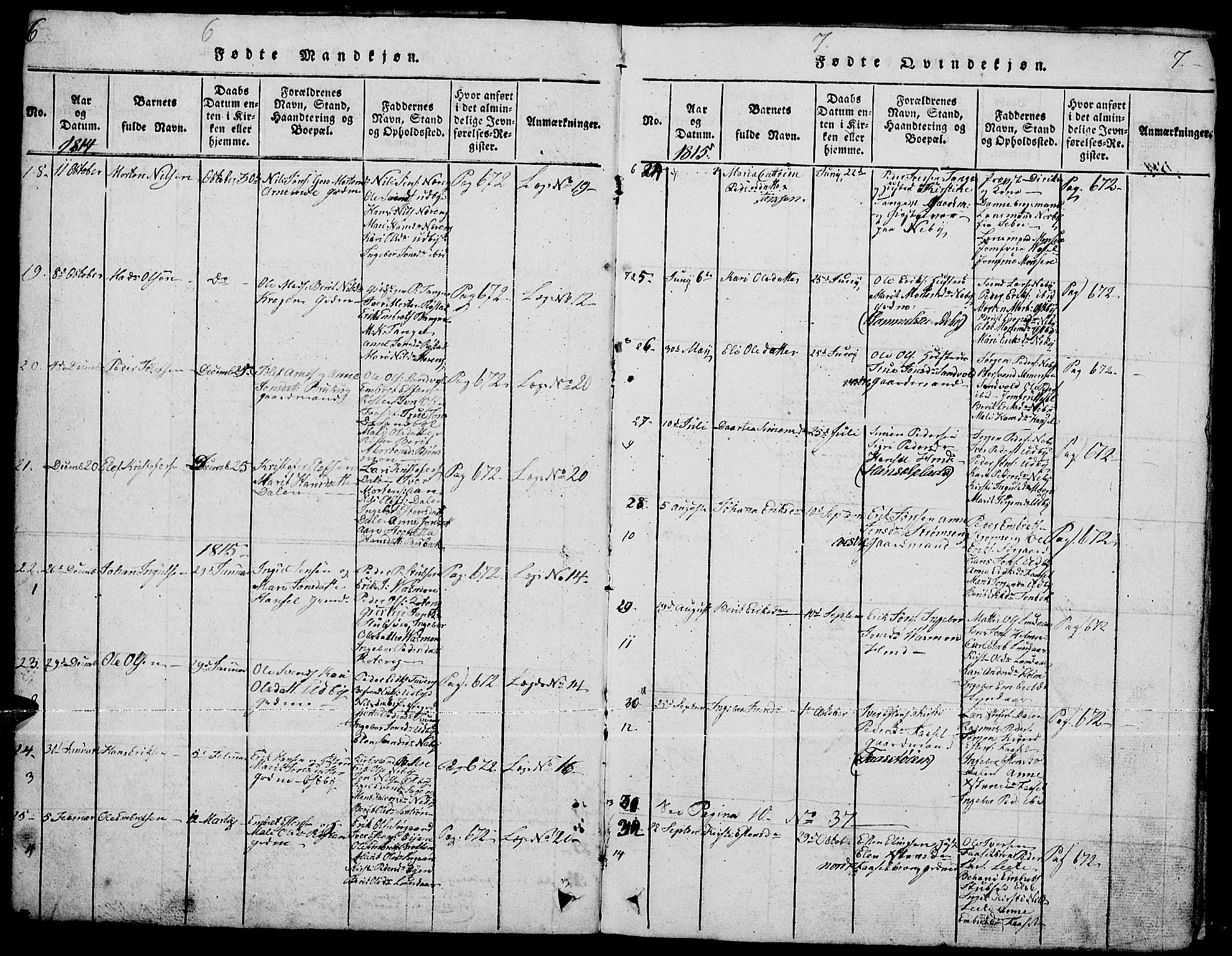 Tynset prestekontor, AV/SAH-PREST-058/H/Ha/Hab/L0001: Parish register (copy) no. 1, 1814-1859, p. 6-7