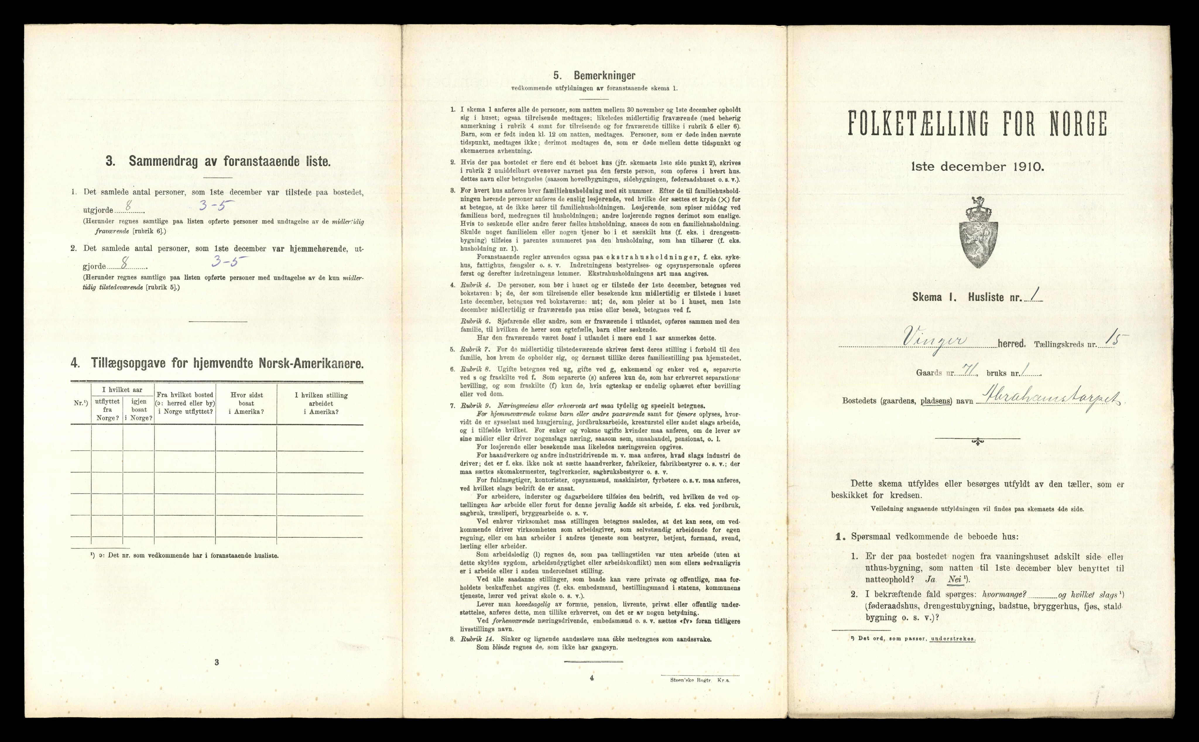 RA, 1910 census for Vinger, 1910, p. 1605