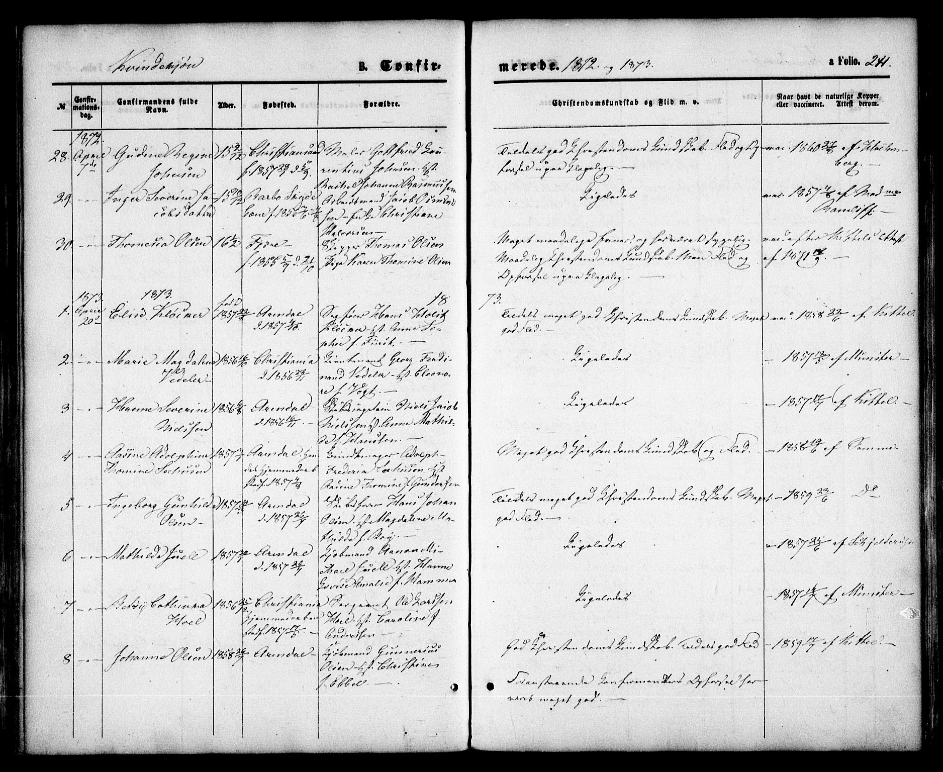 Arendal sokneprestkontor, Trefoldighet, AV/SAK-1111-0040/F/Fa/L0007: Parish register (official) no. A 7, 1868-1878, p. 241