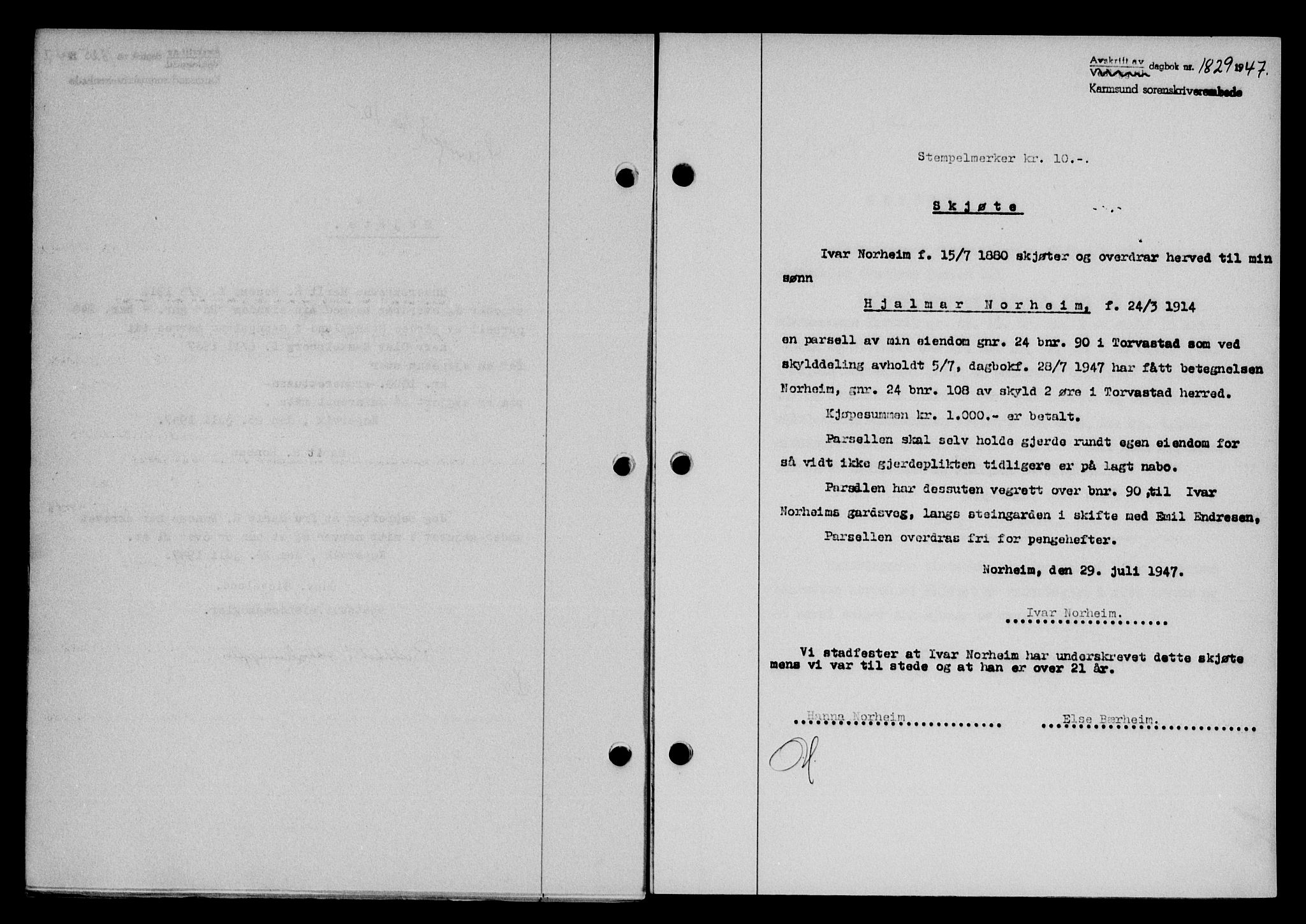 Karmsund sorenskriveri, SAST/A-100311/01/II/IIB/L0090: Mortgage book no. 70A, 1947-1947, Diary no: : 1829/1947