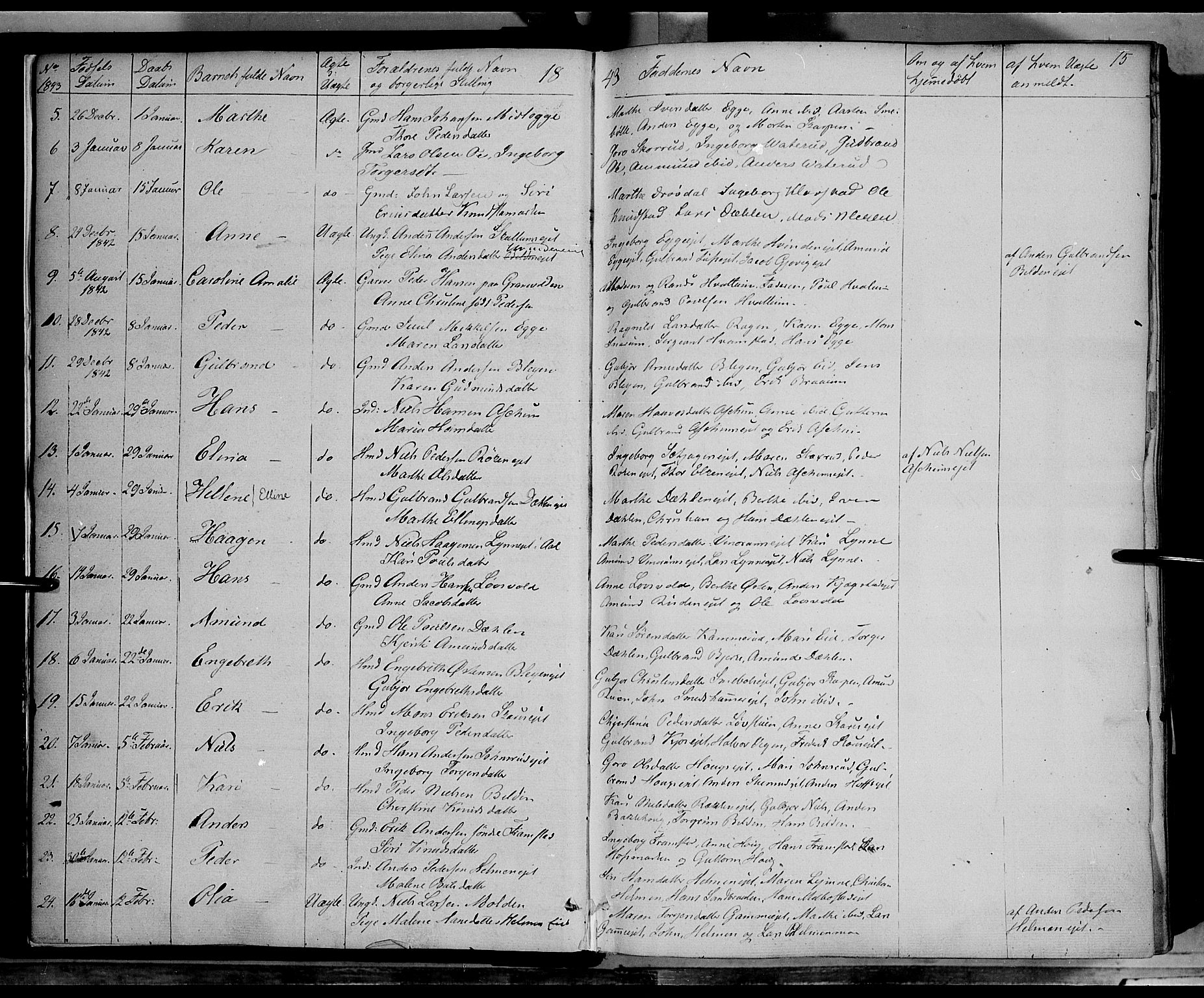 Gran prestekontor, SAH/PREST-112/H/Ha/Haa/L0011: Parish register (official) no. 11, 1842-1856, p. 14-15