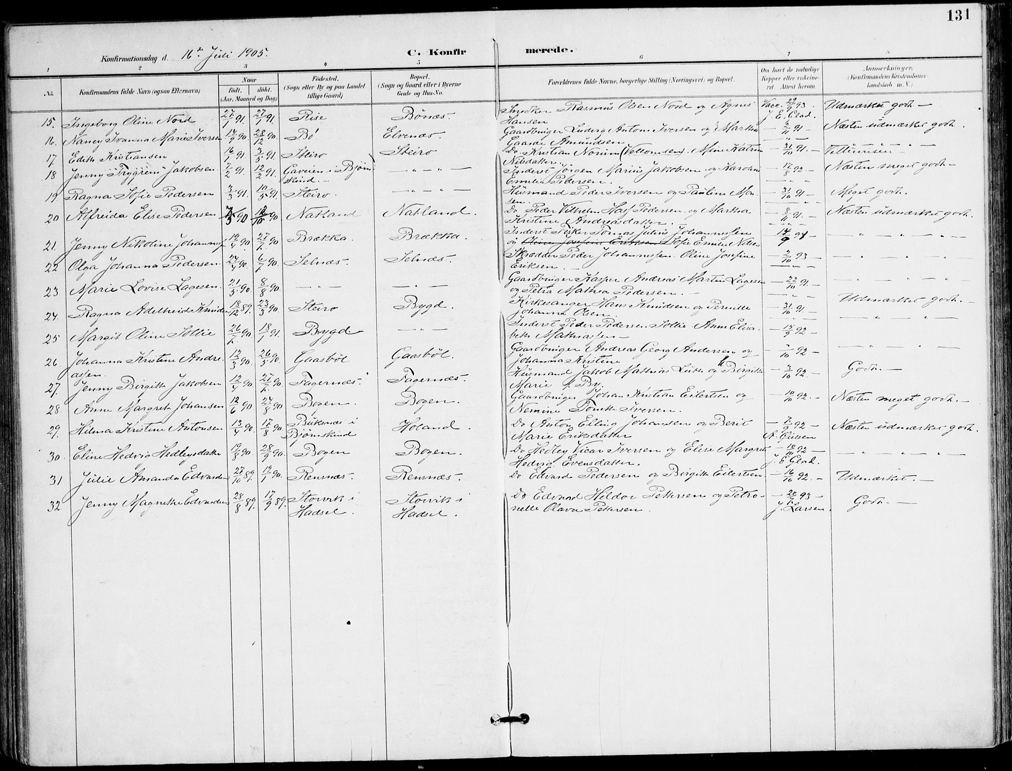 Ministerialprotokoller, klokkerbøker og fødselsregistre - Nordland, AV/SAT-A-1459/895/L1372: Parish register (official) no. 895A07, 1894-1914, p. 131