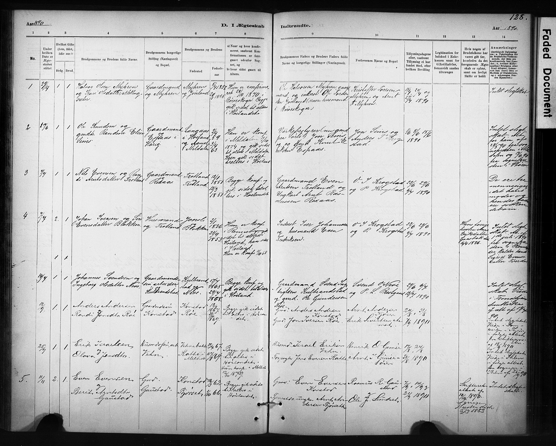 Ministerialprotokoller, klokkerbøker og fødselsregistre - Sør-Trøndelag, SAT/A-1456/694/L1127: Parish register (official) no. 694A01, 1887-1905, p. 128