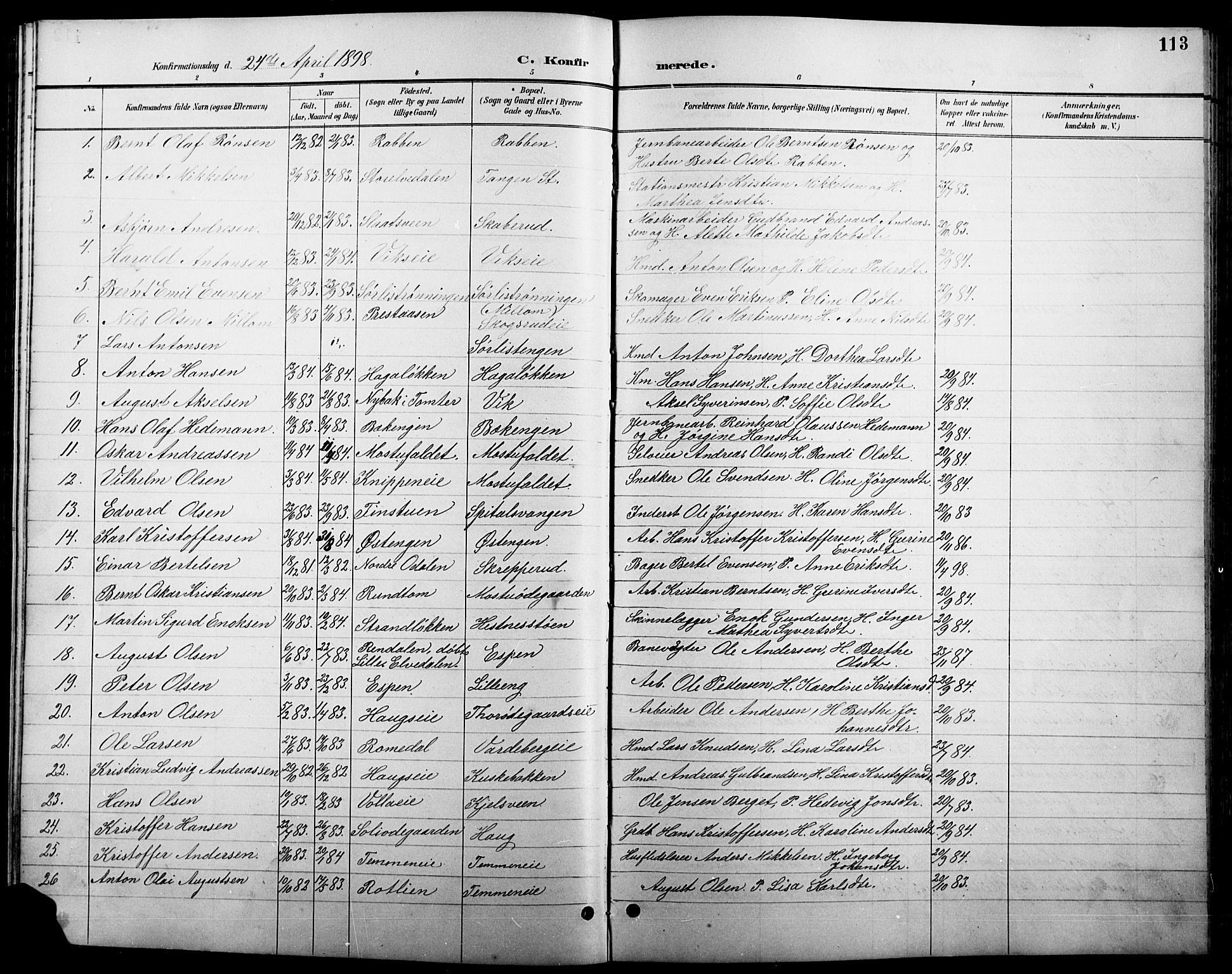 Stange prestekontor, AV/SAH-PREST-002/L/L0011: Parish register (copy) no. 11, 1895-1917, p. 113