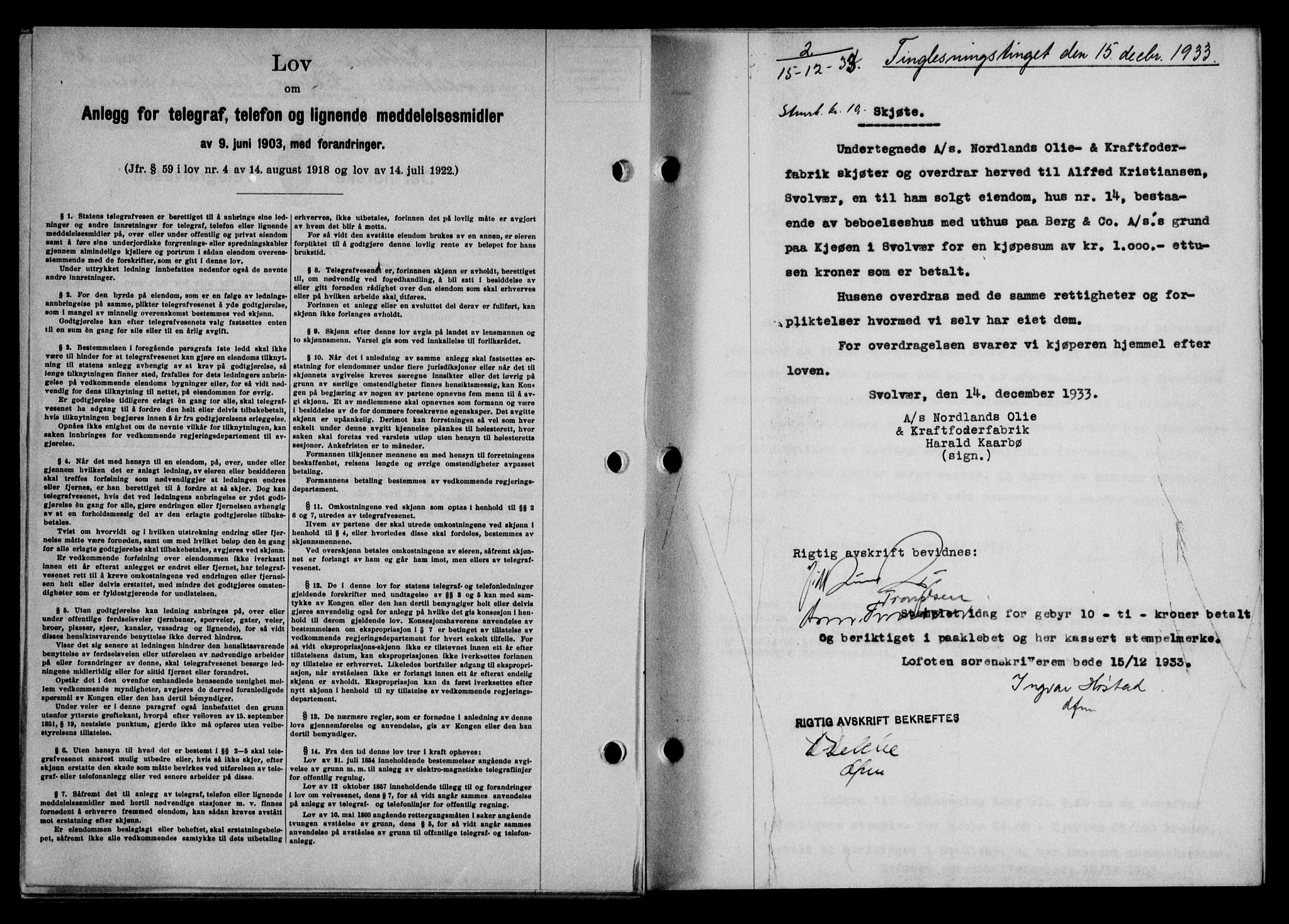 Lofoten sorenskriveri, SAT/A-0017/1/2/2C/L0028b: Mortgage book no. 28b, 1933-1933, Deed date: 15.12.1933