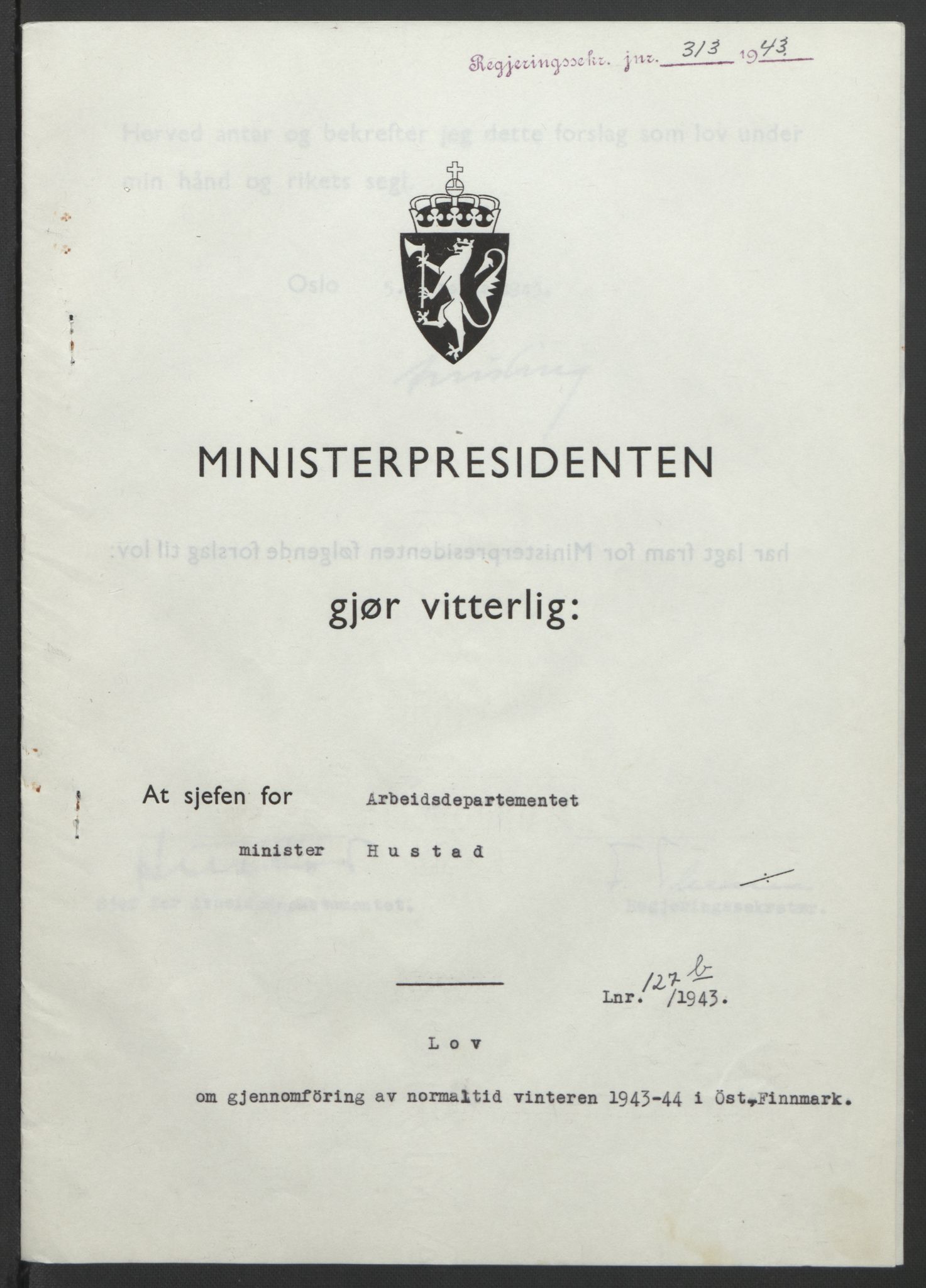 NS-administrasjonen 1940-1945 (Statsrådsekretariatet, de kommisariske statsråder mm), RA/S-4279/D/Db/L0099: Lover, 1943, p. 595
