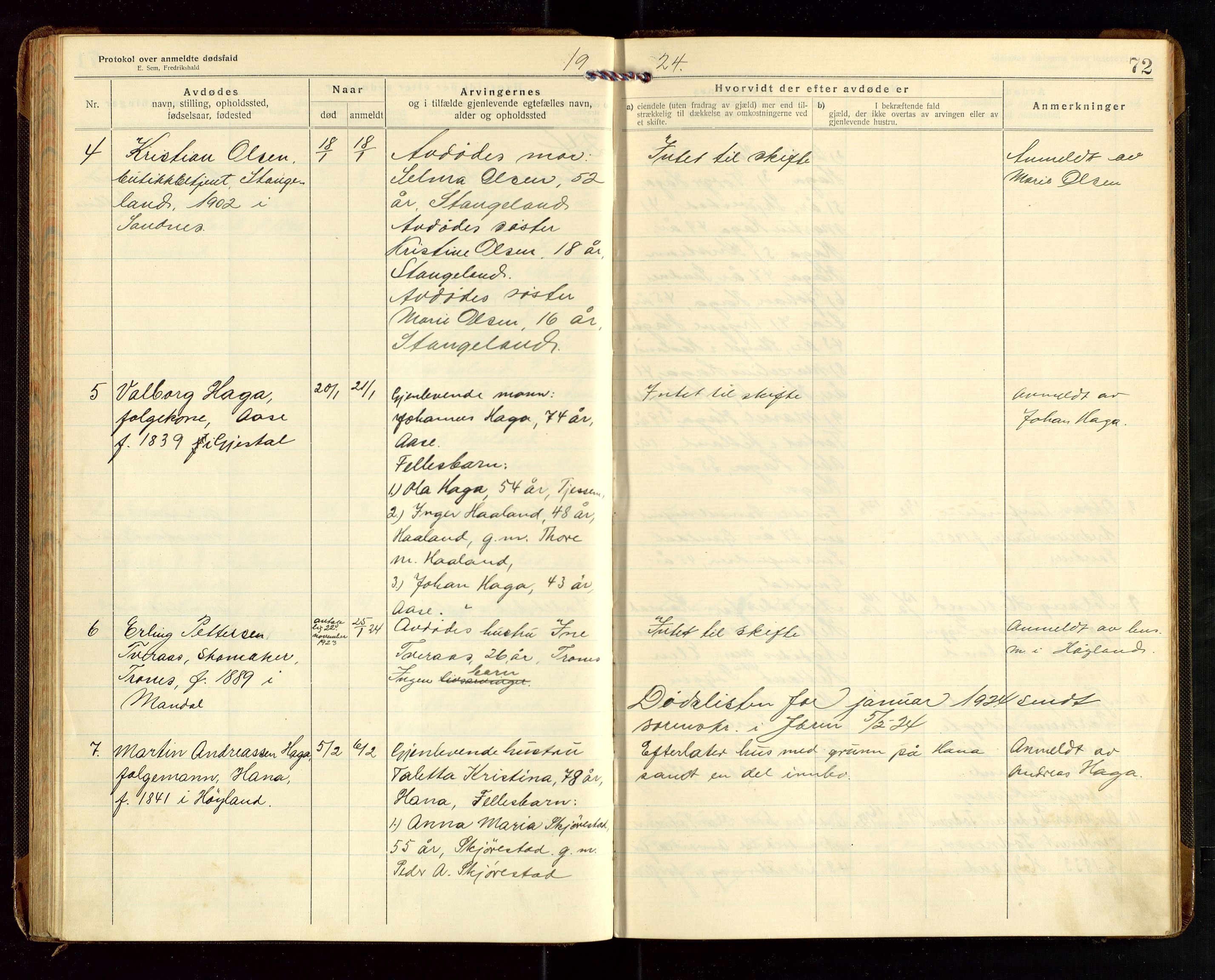 Høyland/Sandnes lensmannskontor, SAST/A-100166/Gga/L0005: "Protkokol over anmeldte dødsfald i Høylands lensmandsdistrikt", 1920-1926, p. 72