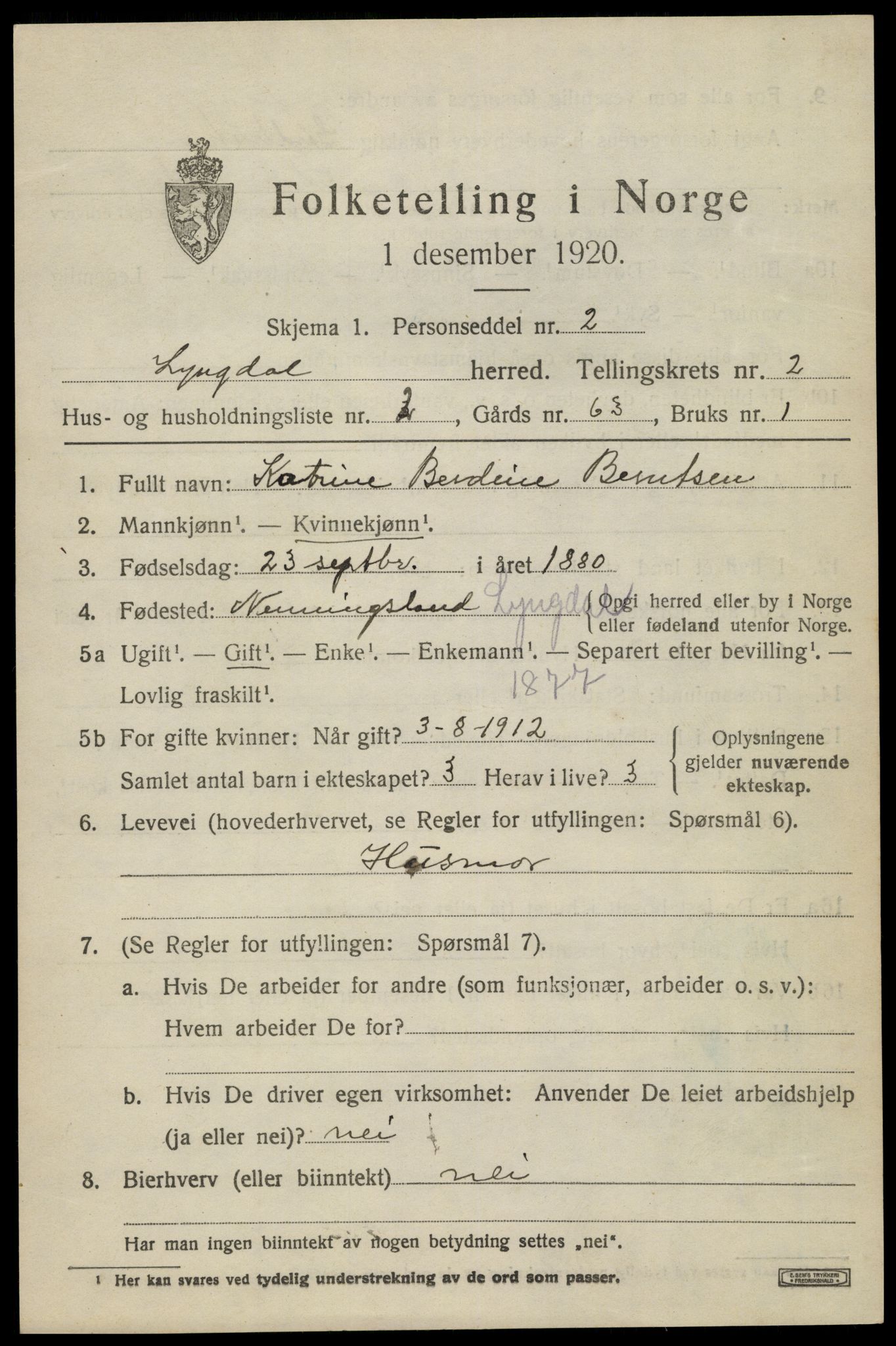 SAK, 1920 census for Lyngdal, 1920, p. 1589