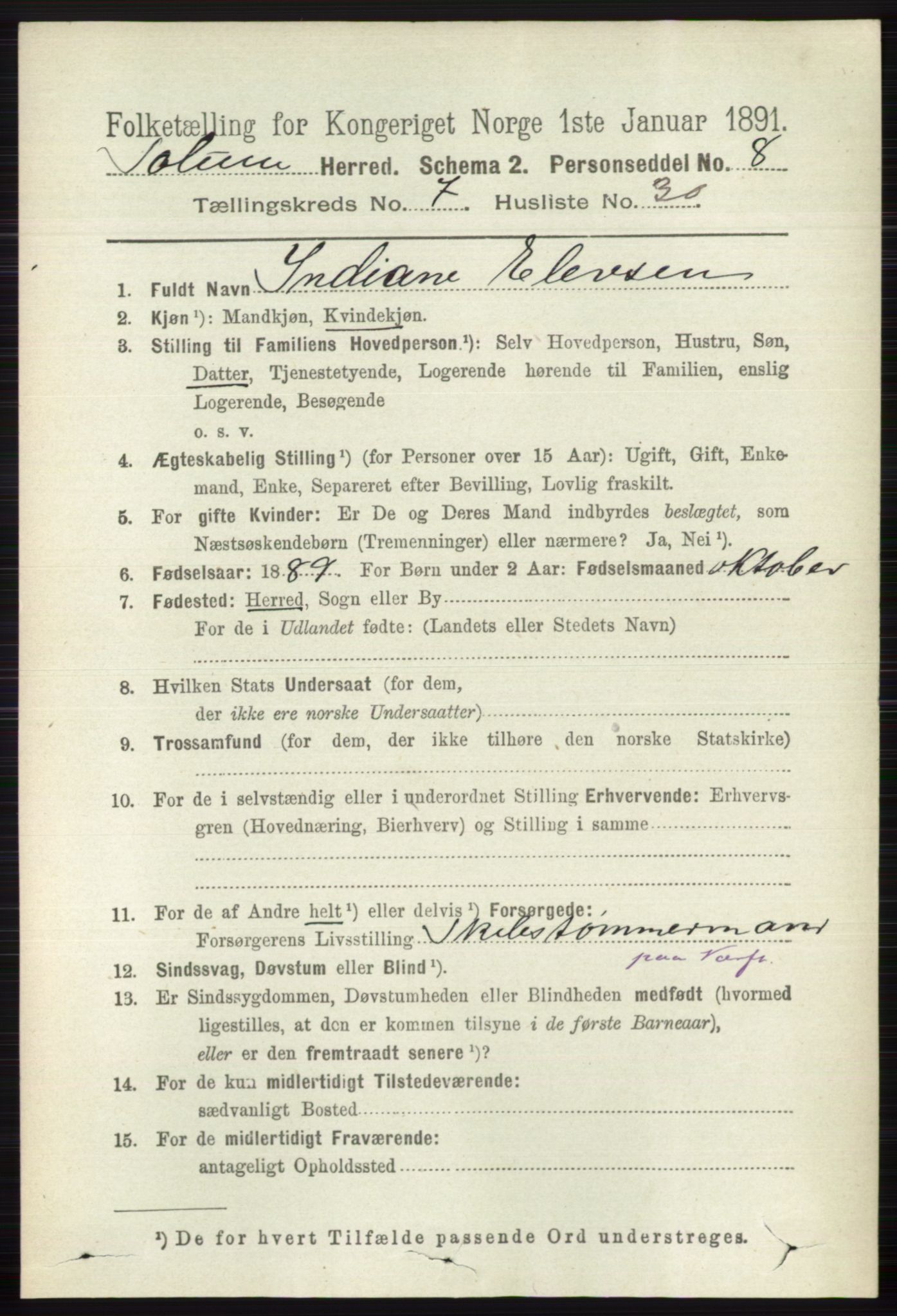 RA, 1891 census for 0818 Solum, 1891, p. 2867