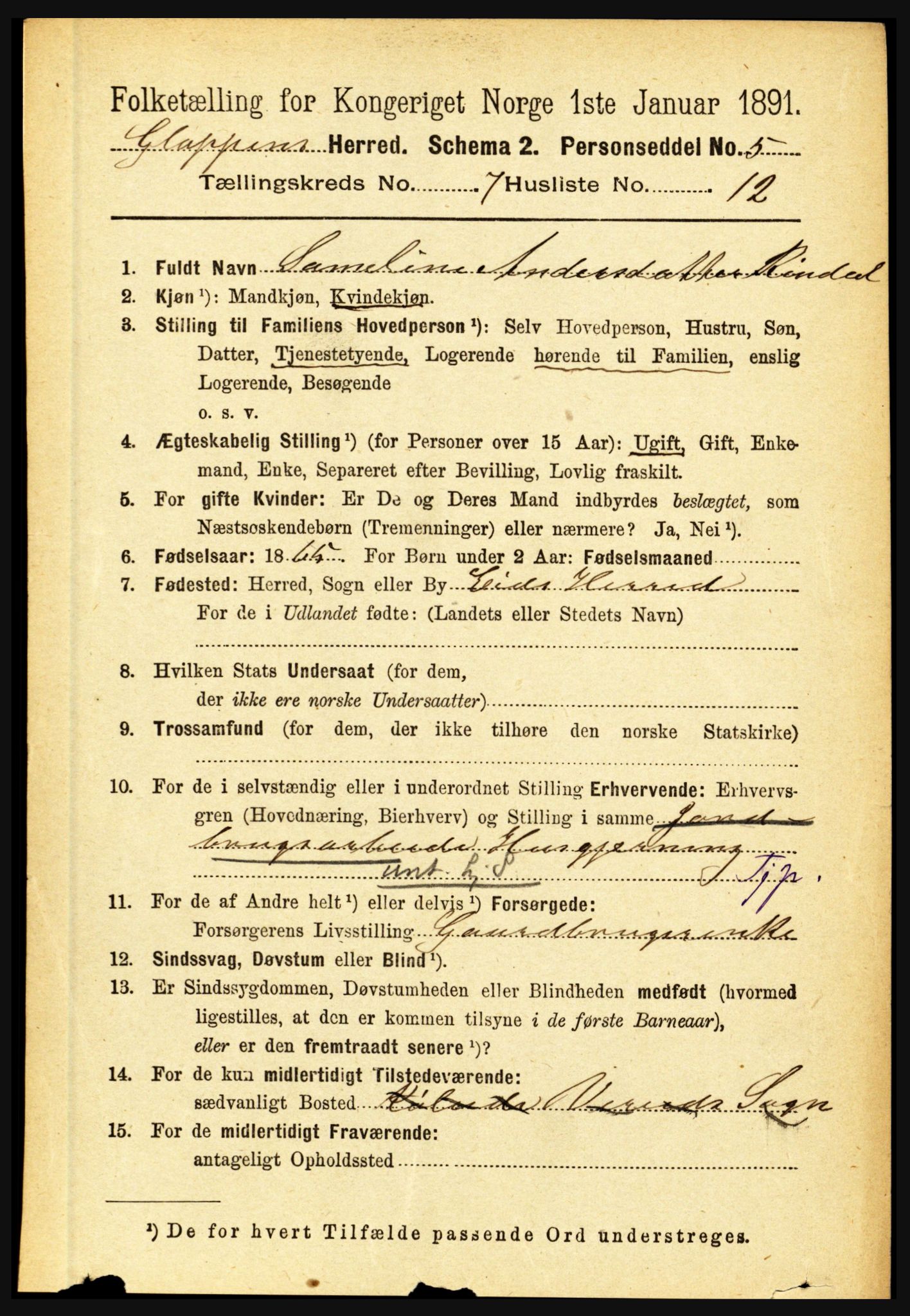 RA, 1891 census for 1445 Gloppen, 1891, p. 2736