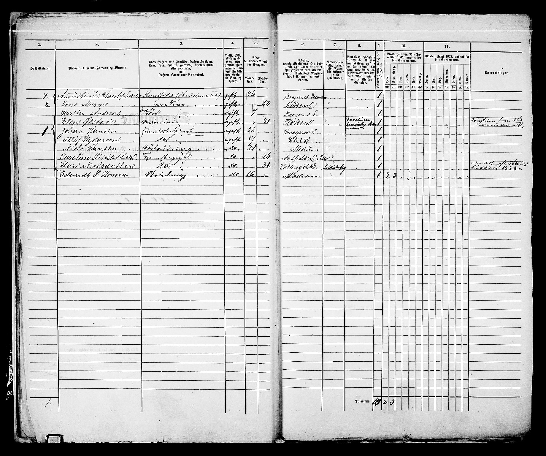 RA, 1865 census for Bragernes in Drammen, 1865, p. 22