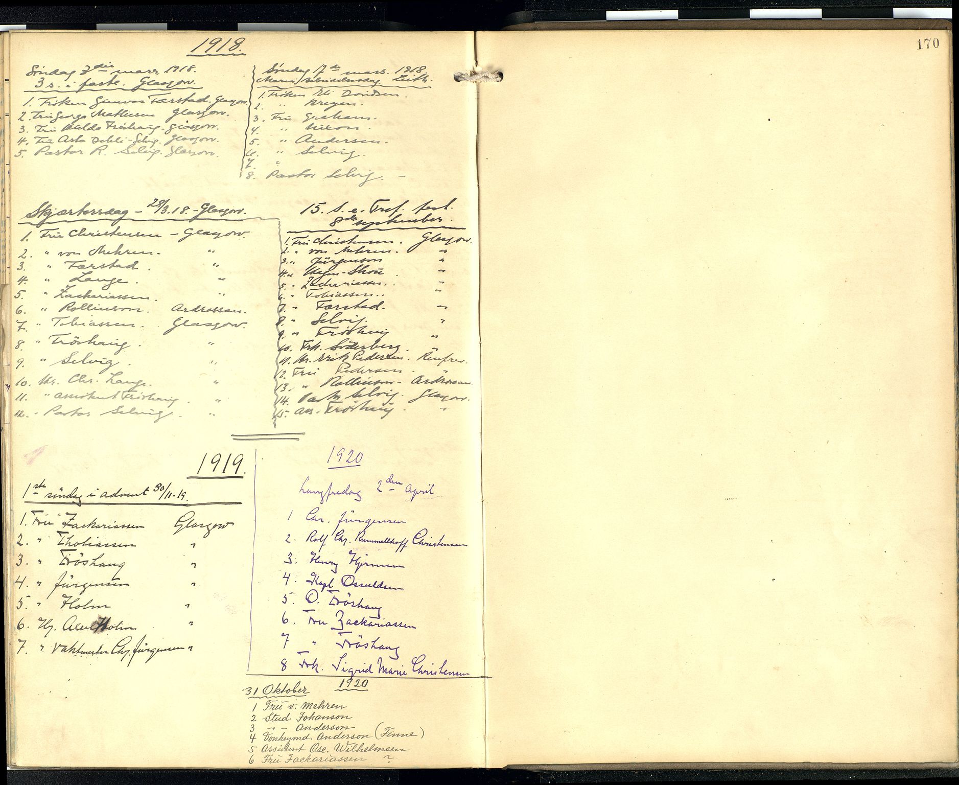 Den norske sjømannsmisjon i utlandet/Skotske havner (Leith, Glasgow), SAB/SAB/PA-0100/H/Ha/Hab/L0001: Parish register (official) no. A 1, 1902-1931, p. 169b-170a